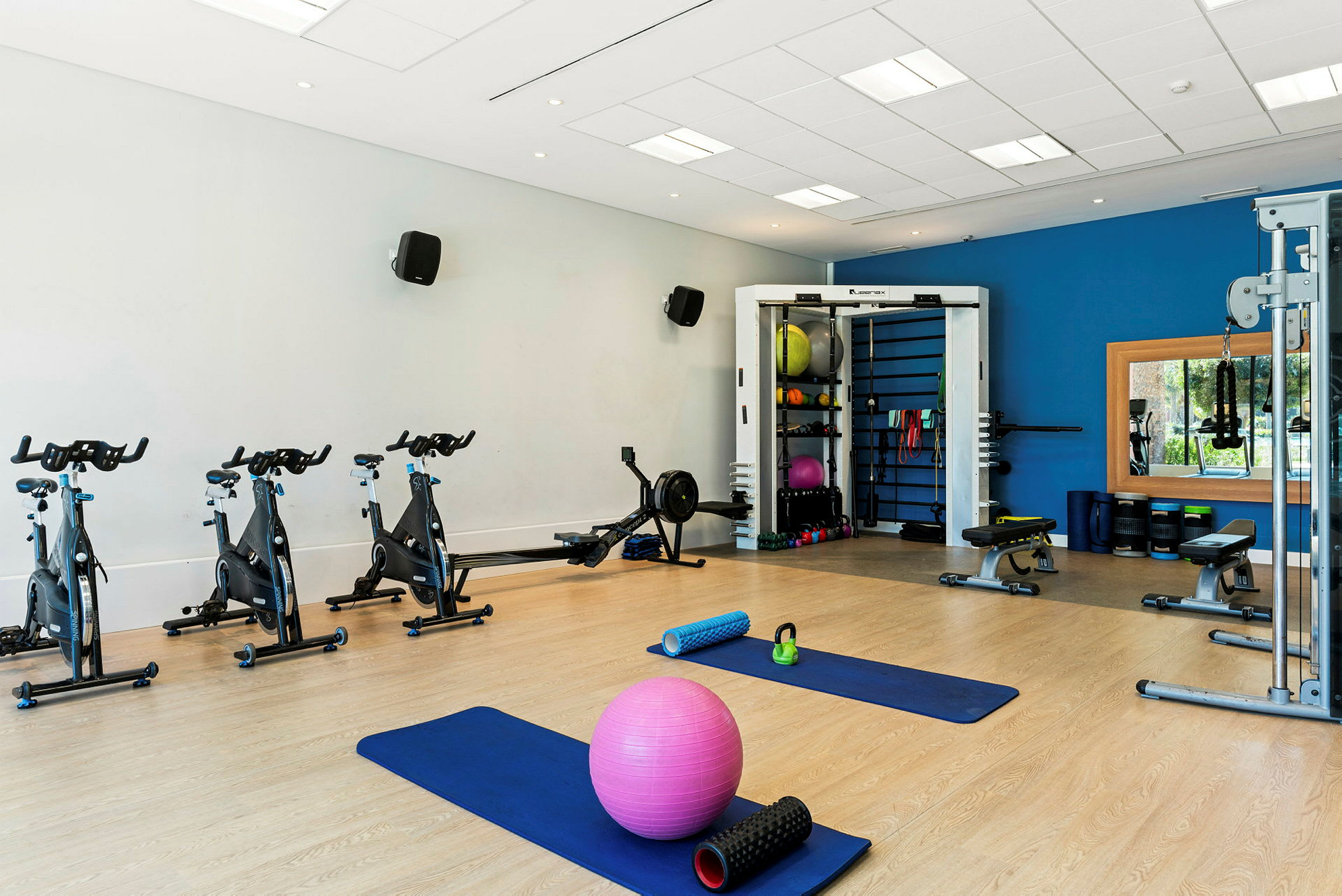 Ett gym med träningsutrustning såsom spinningcyklar, roddmaskin, träningsbollar och skivstångsställningar. (AI-genererad text)