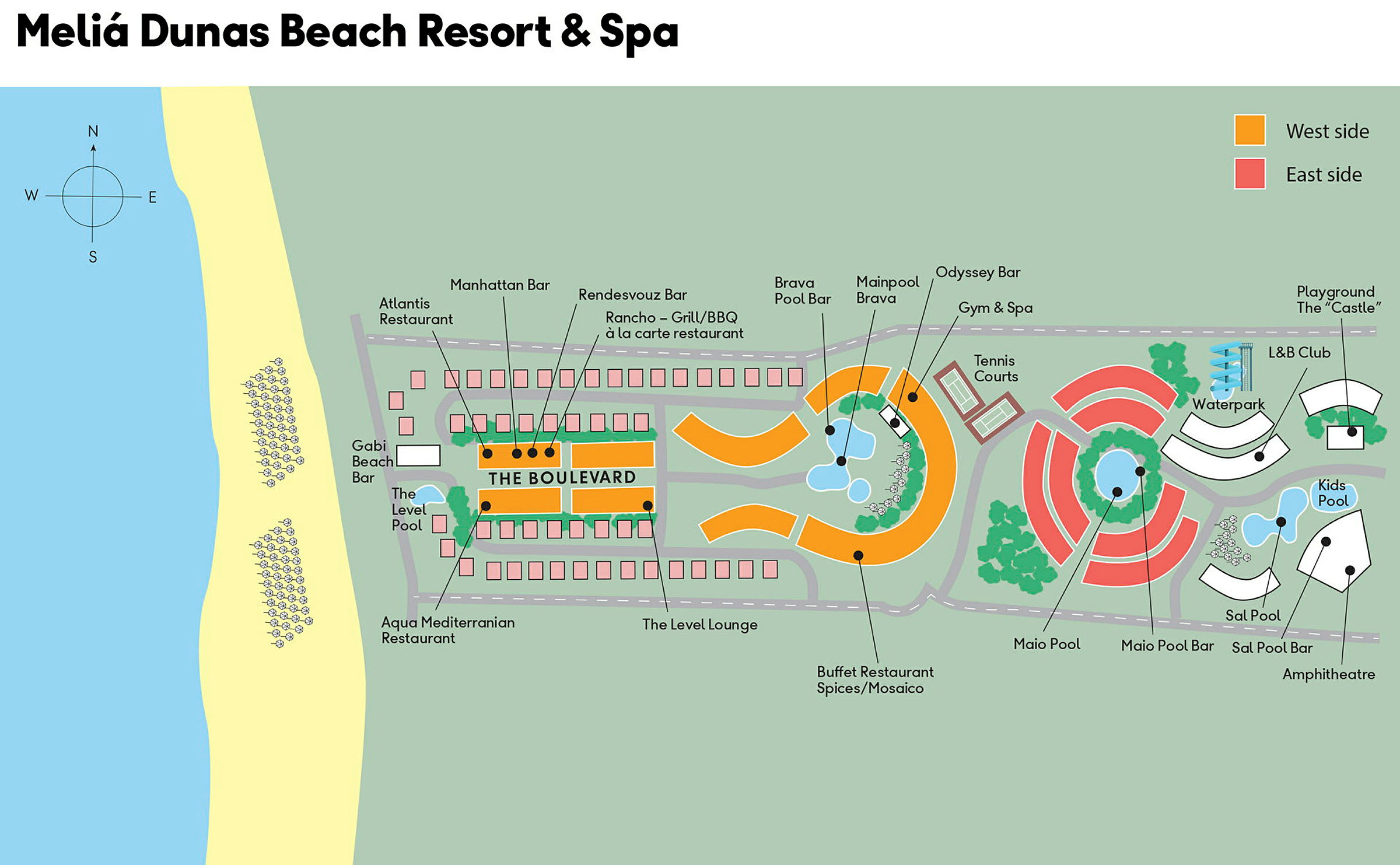 Karta över Melia Dunas Beach Resort & Spa. (AI-genererad text)