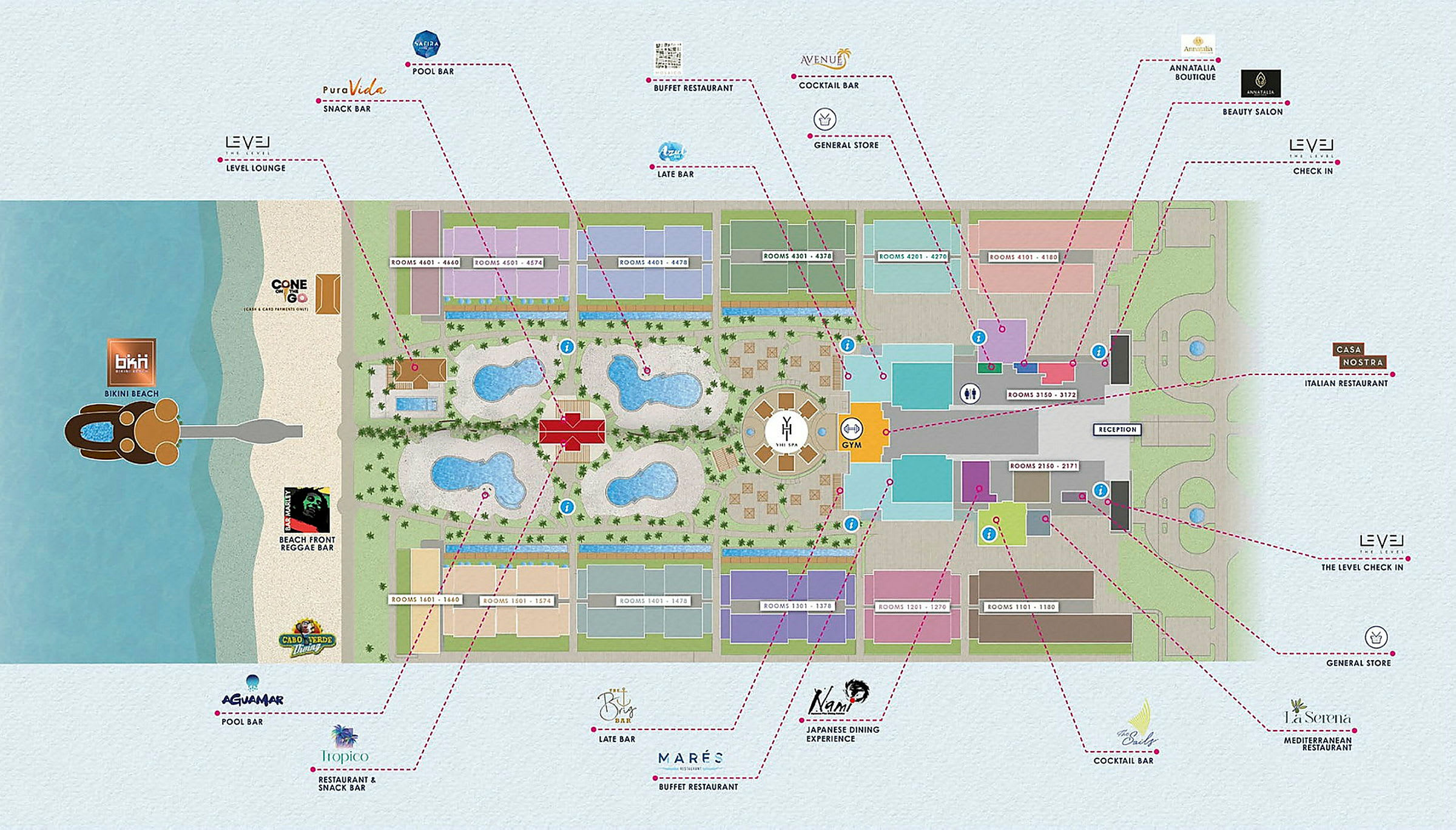 Kartan visar en resorts layout med olika byggnader, restauranger, pooler och stranden utmärkta med namn. (AI-genererad text)
