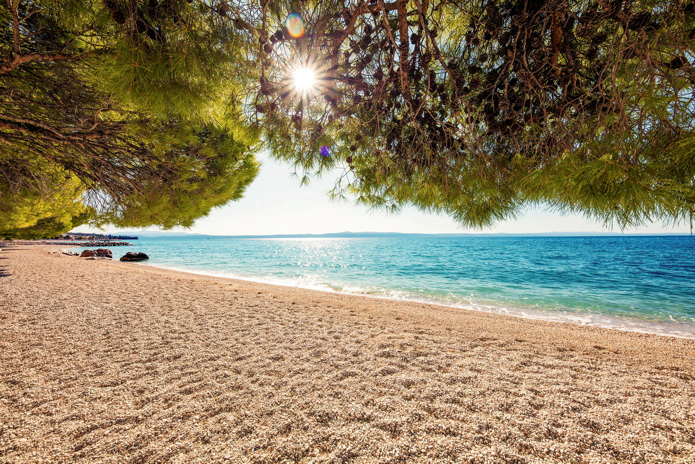 En solig sandstrand med klart blått hav och gröna träd invid stranden. (AI-genererad text)