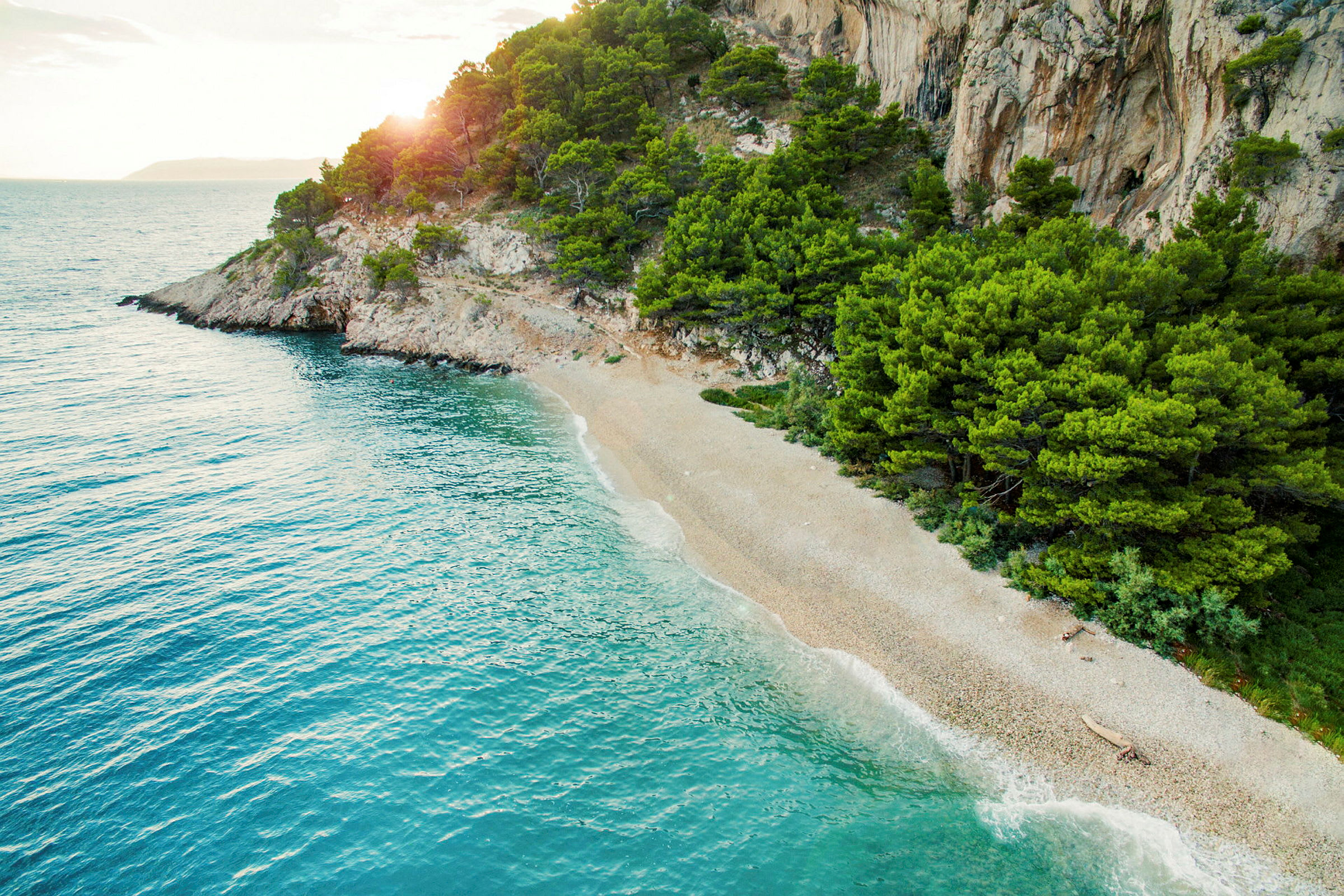 En enslig strand med gröna träd och klippor vid kanten av havet. (AI-genererad text)