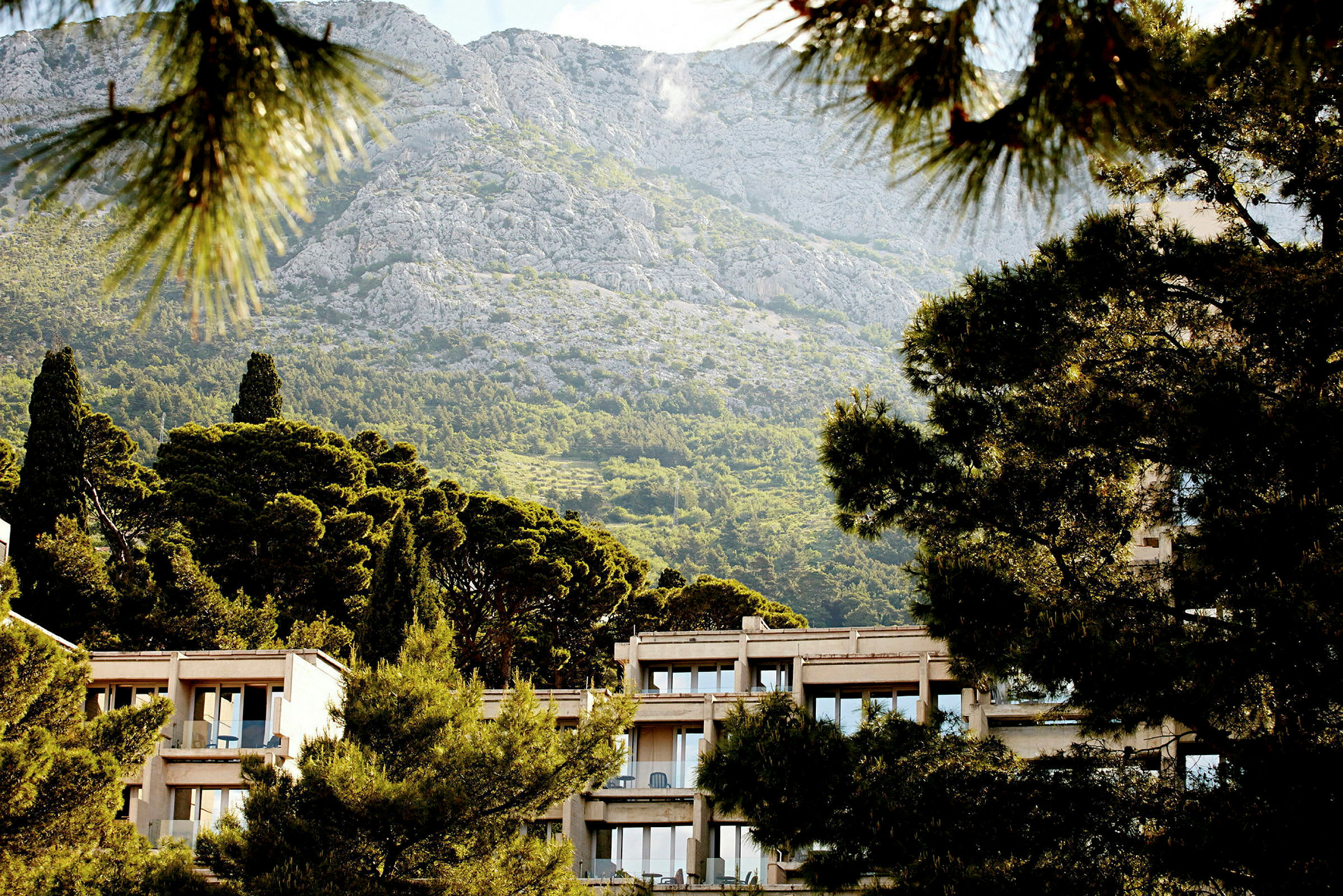 Hotellbyggnad omgiven av tät grön vegetation, med berg i bakgrunden. (AI-genererad text)