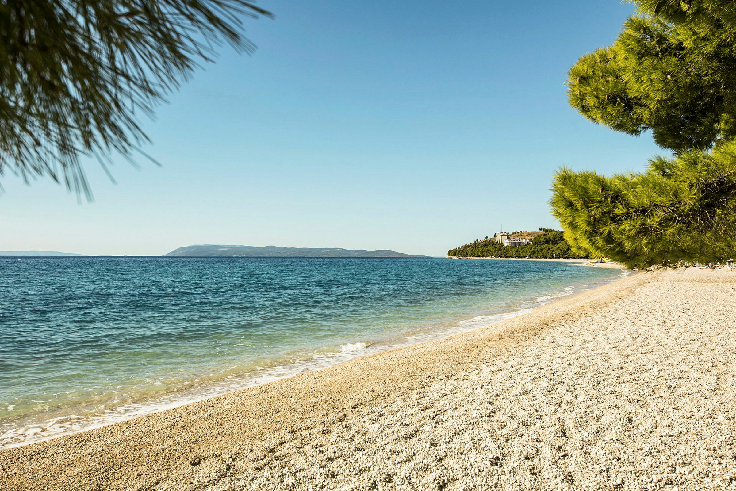 En stenstrand med kristallklart vatten och grönskande träd. (AI-genererad text)