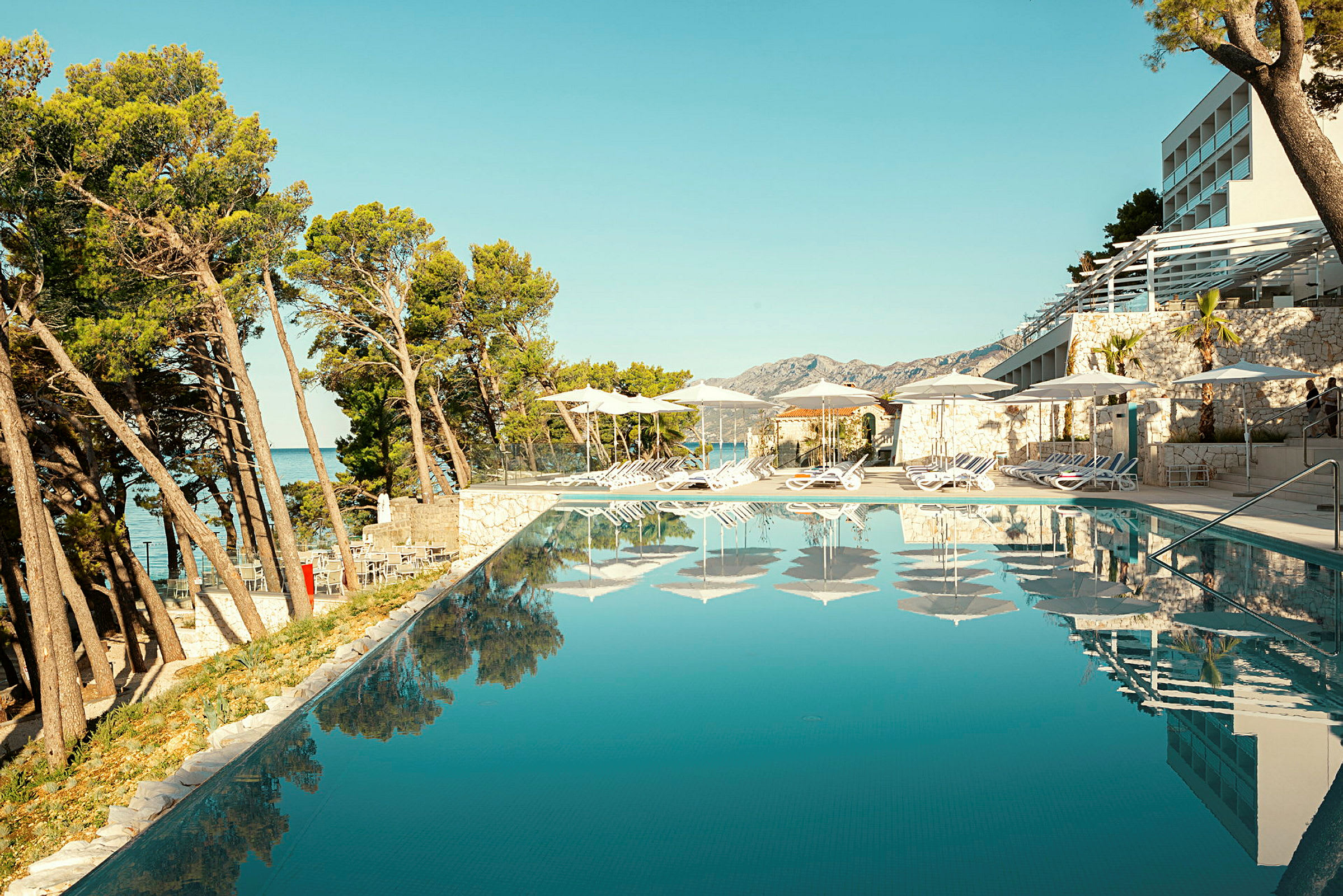 Utsikt över en infinitypool med solstolar och parasoller vid kanten, omgiven av träd och byggnader. (AI-genererad text)