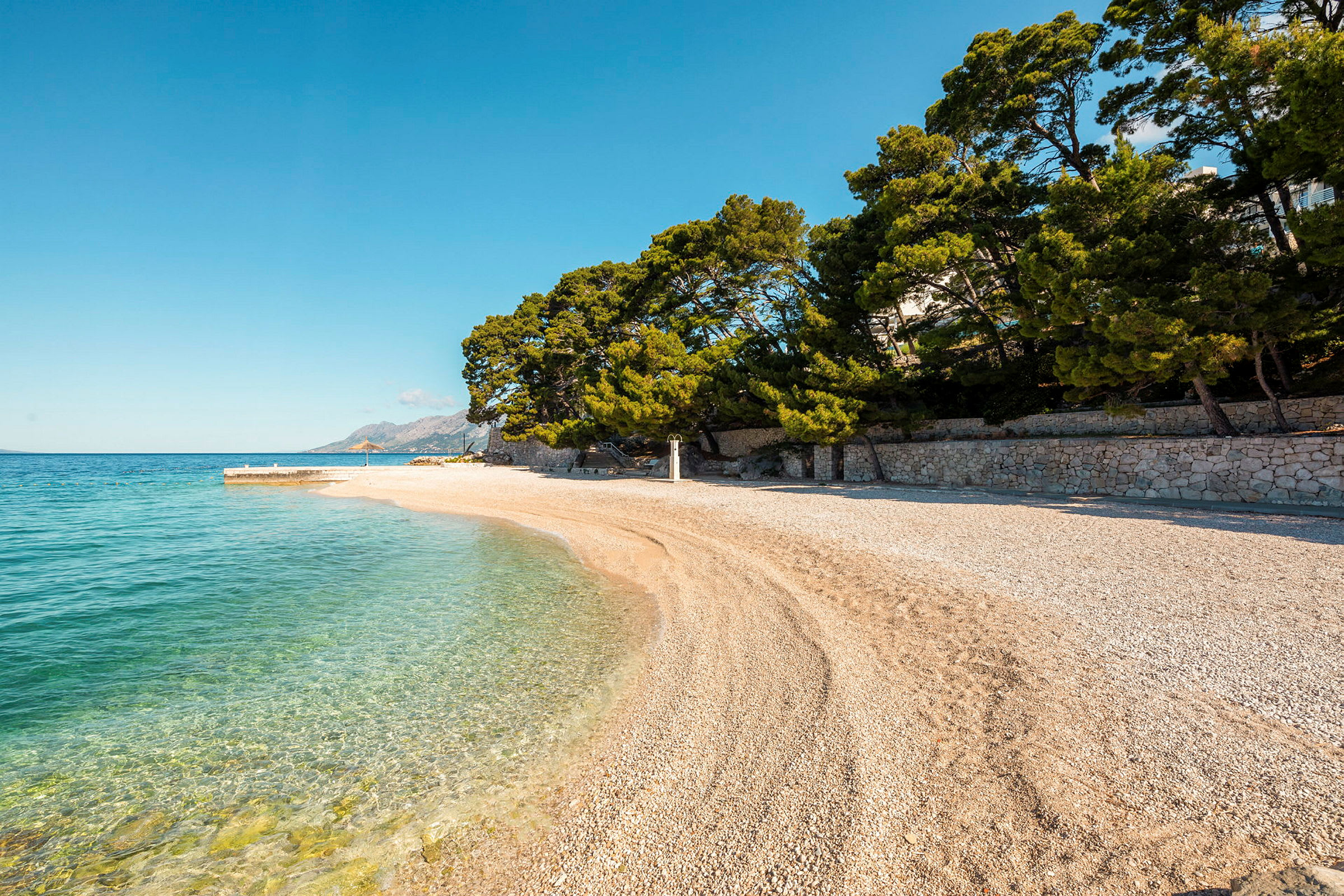En strand med klarblått vatten och träd längs kanten. (AI-genererad text)