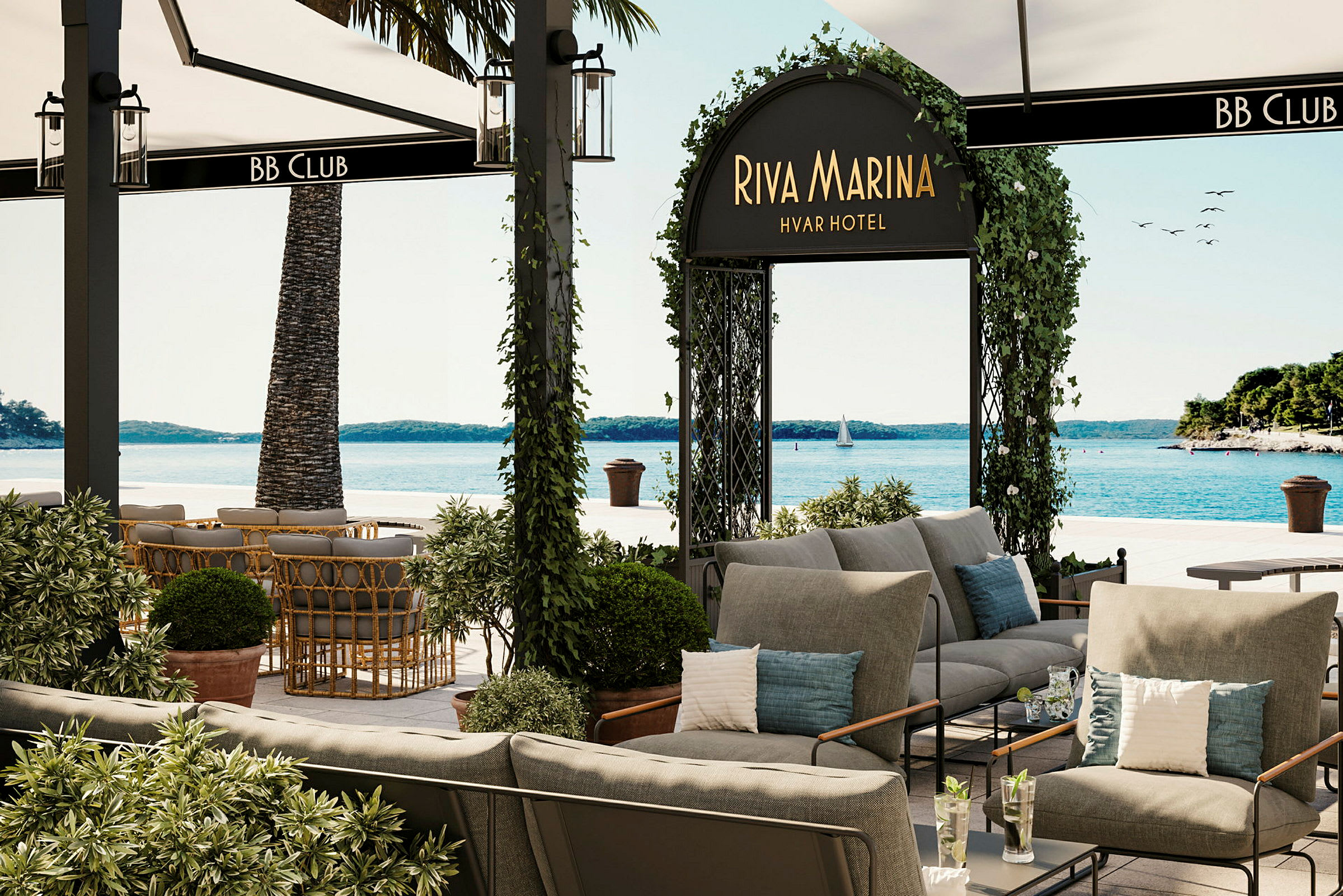 Loungeområde vid ett hotell med utsikt över havet. (AI-genererad text)