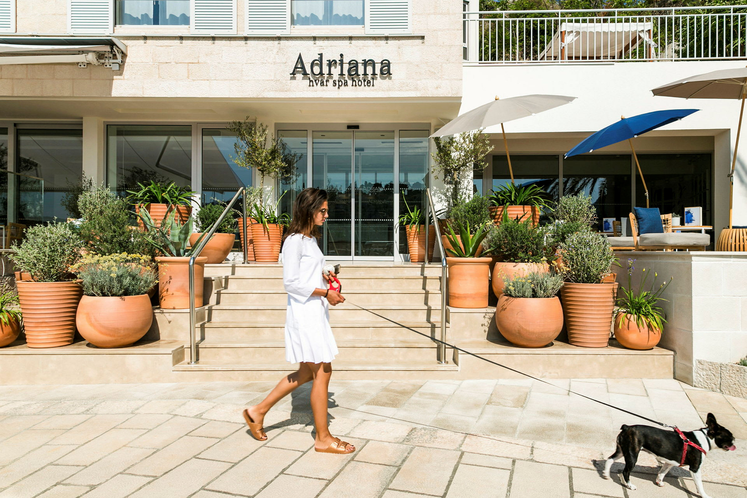 En kvinna går med en hund i koppel framför ingången till Adriana Hvar Spa Hotel. (AI-genererad text)