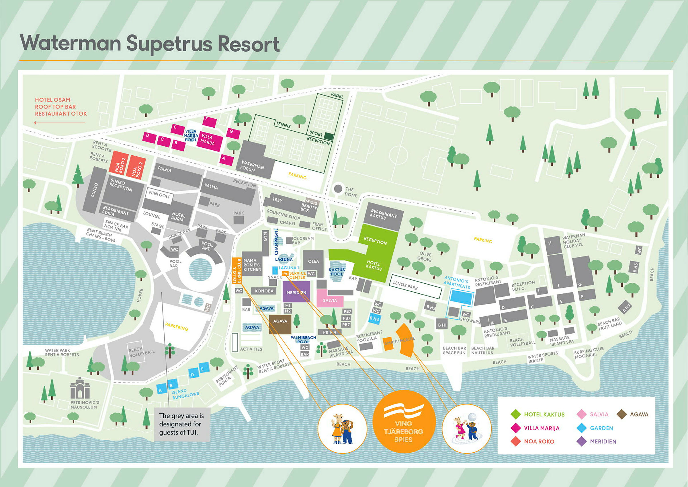 Kartillustration över Waterman Supetrus Resort, som visar anläggningens olika områden och faciliteter. (AI-genererad text)