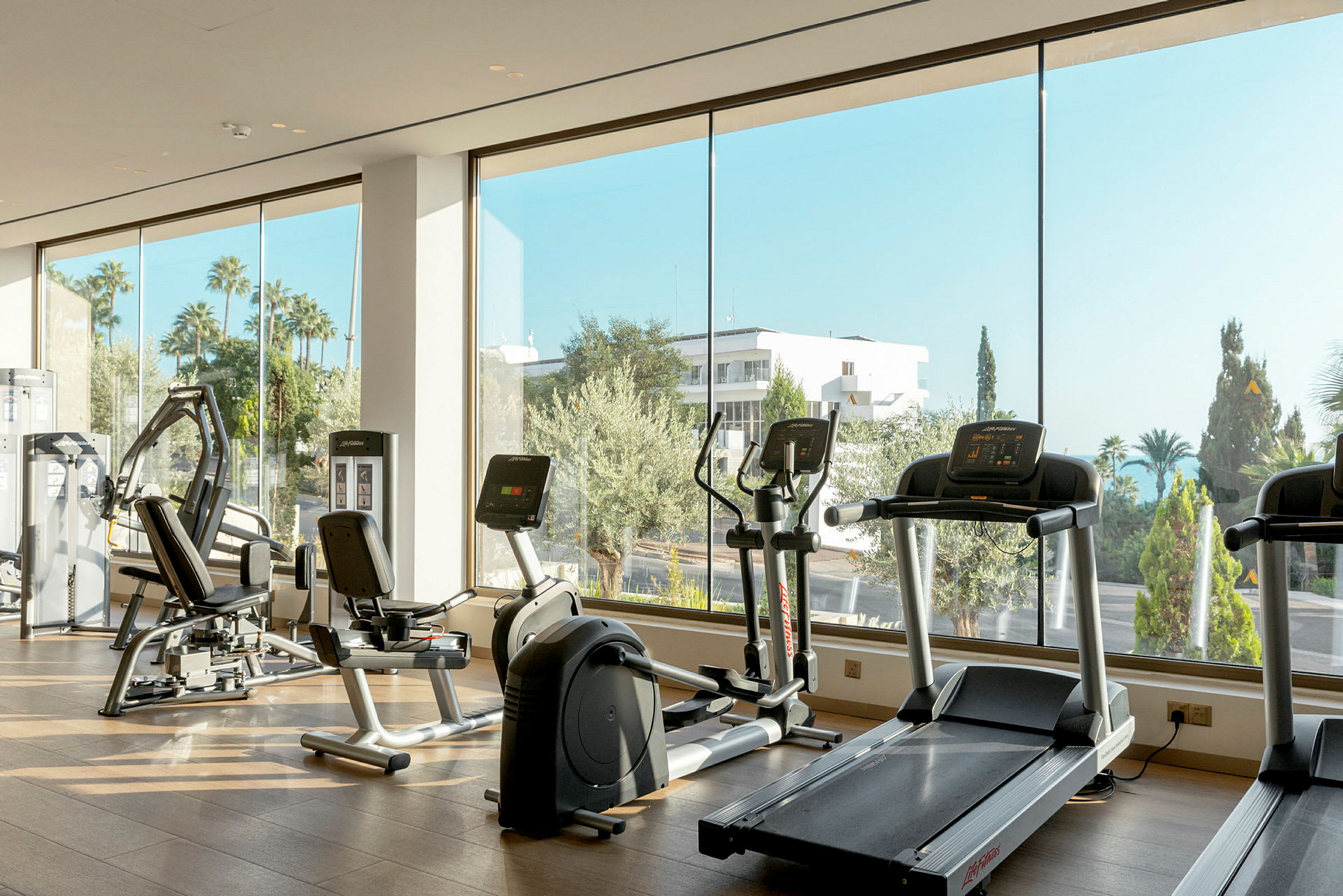 Ett gym med träningsmaskiner framför stora fönster som vetter mot en utomhusmiljö med grönska. (AI-genererad text)