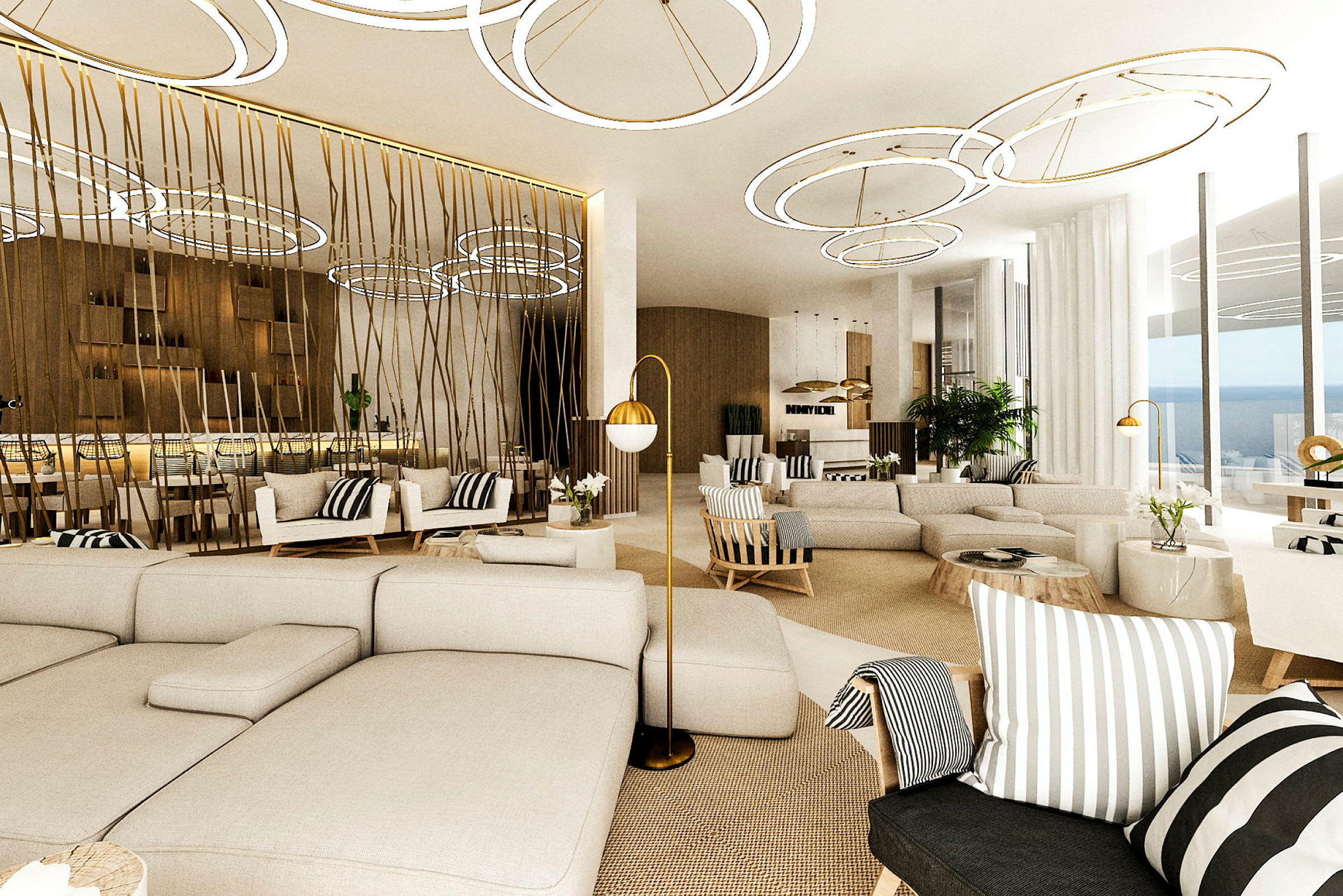 En modern och ljus lounge med sittmöbler, dekorativa lampor och en bar i bakgrunden. (AI-genererad text)