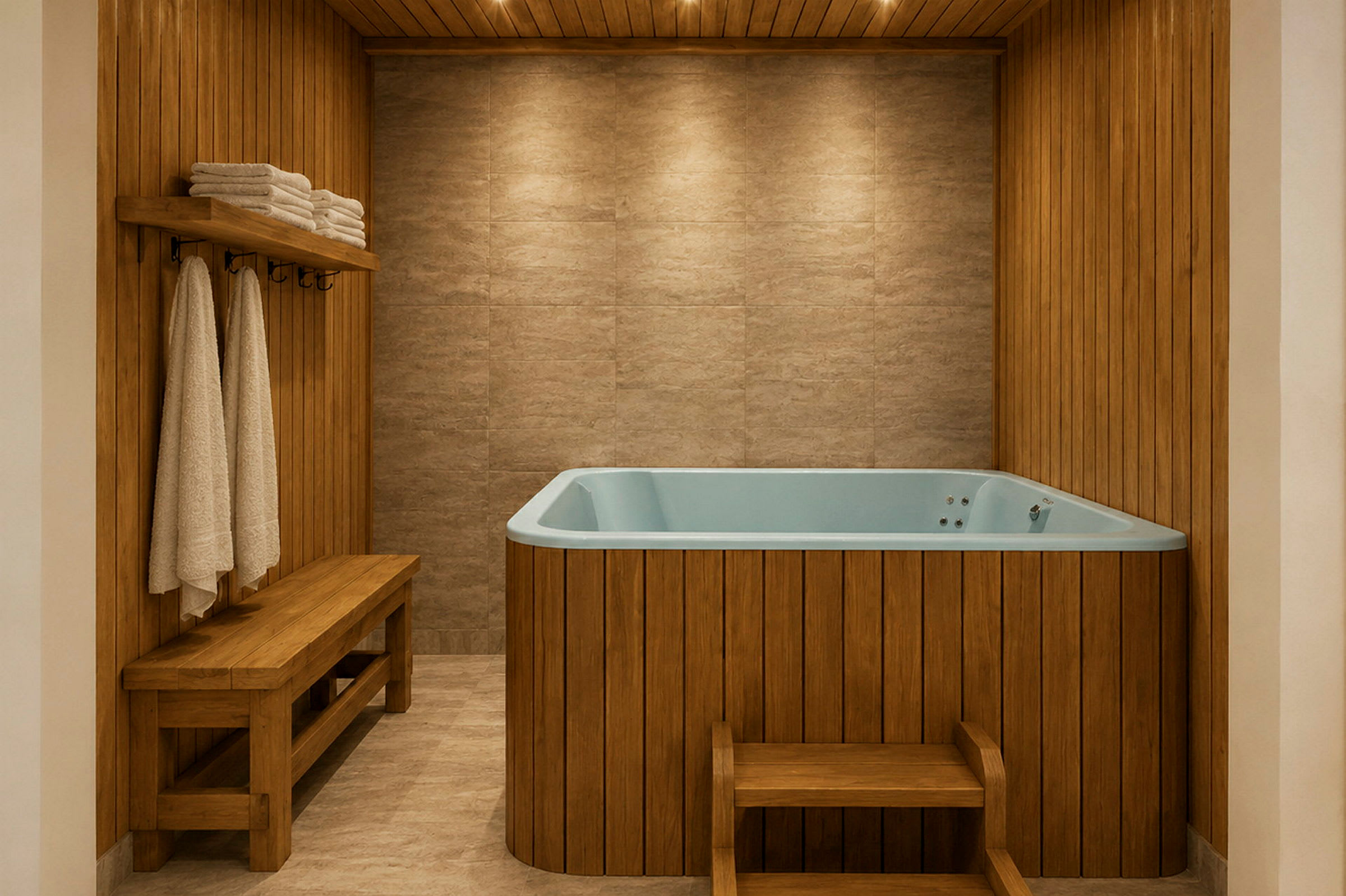 Ett rum med ett jacuzzi badkar i träpanel, en bänk och handdukar på en hylla. (AI-genererad text)