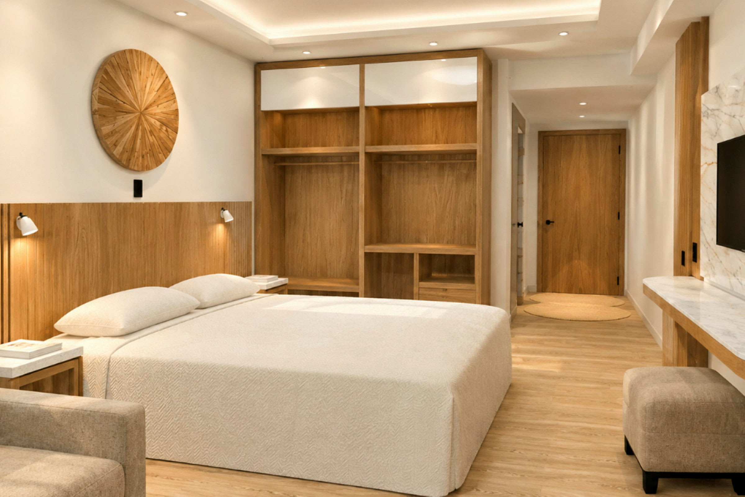Modernt hotellrum med en stor säng, trädetaljer och bekväma möbler. (AI-genererad text)