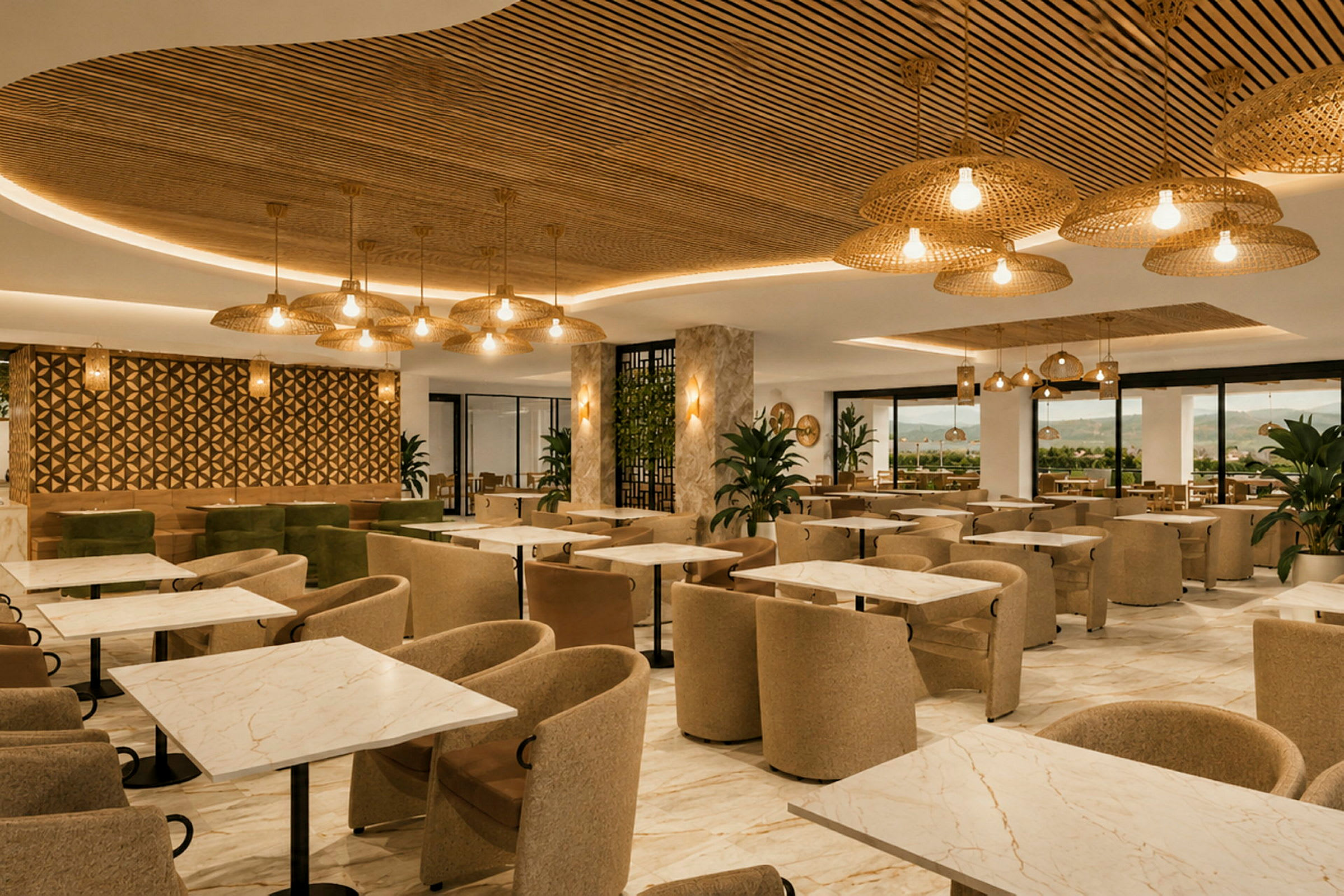 En modern restaurang med marmorbord, bekväma stolar och dekorativa taklampor. Väggarna är stilrent utformade och omgivningen inkluderar stora glasdörrar och gröna växter. (AI-genererad text)