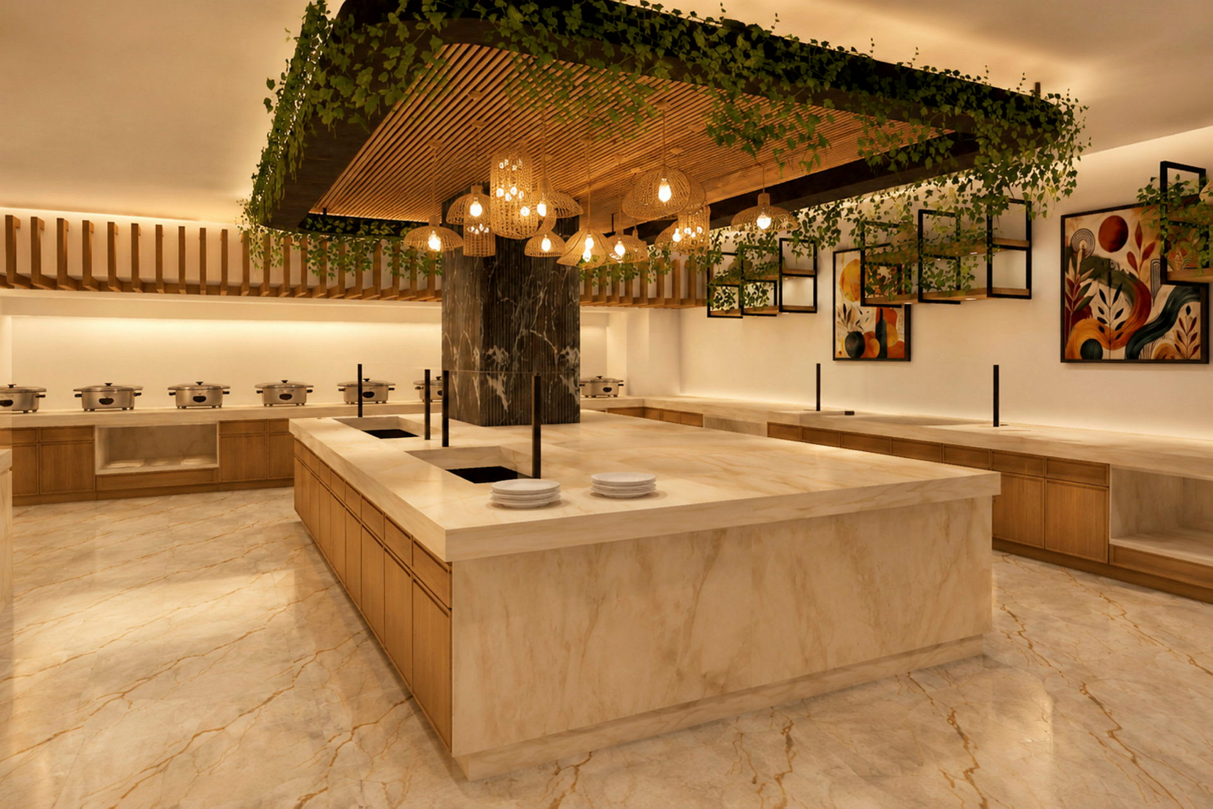 En elegant bufférestaurang med marmorgolv, stora serveringsytor och grön inredning ovanför matbordet. (AI-genererad text)
