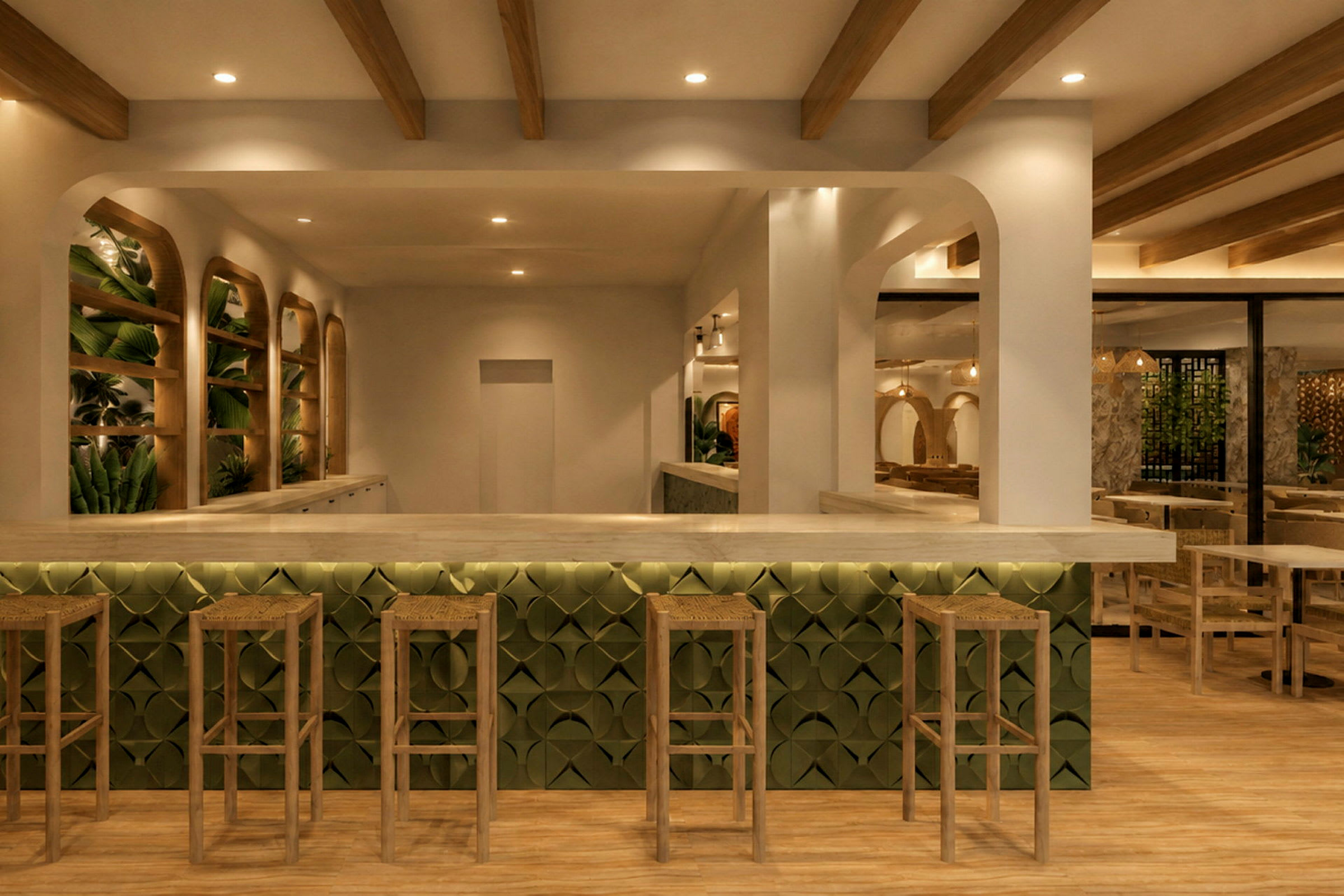 En modern bar med höga träpallar framför en grön dekorativ bardisk. (AI-genererad text)