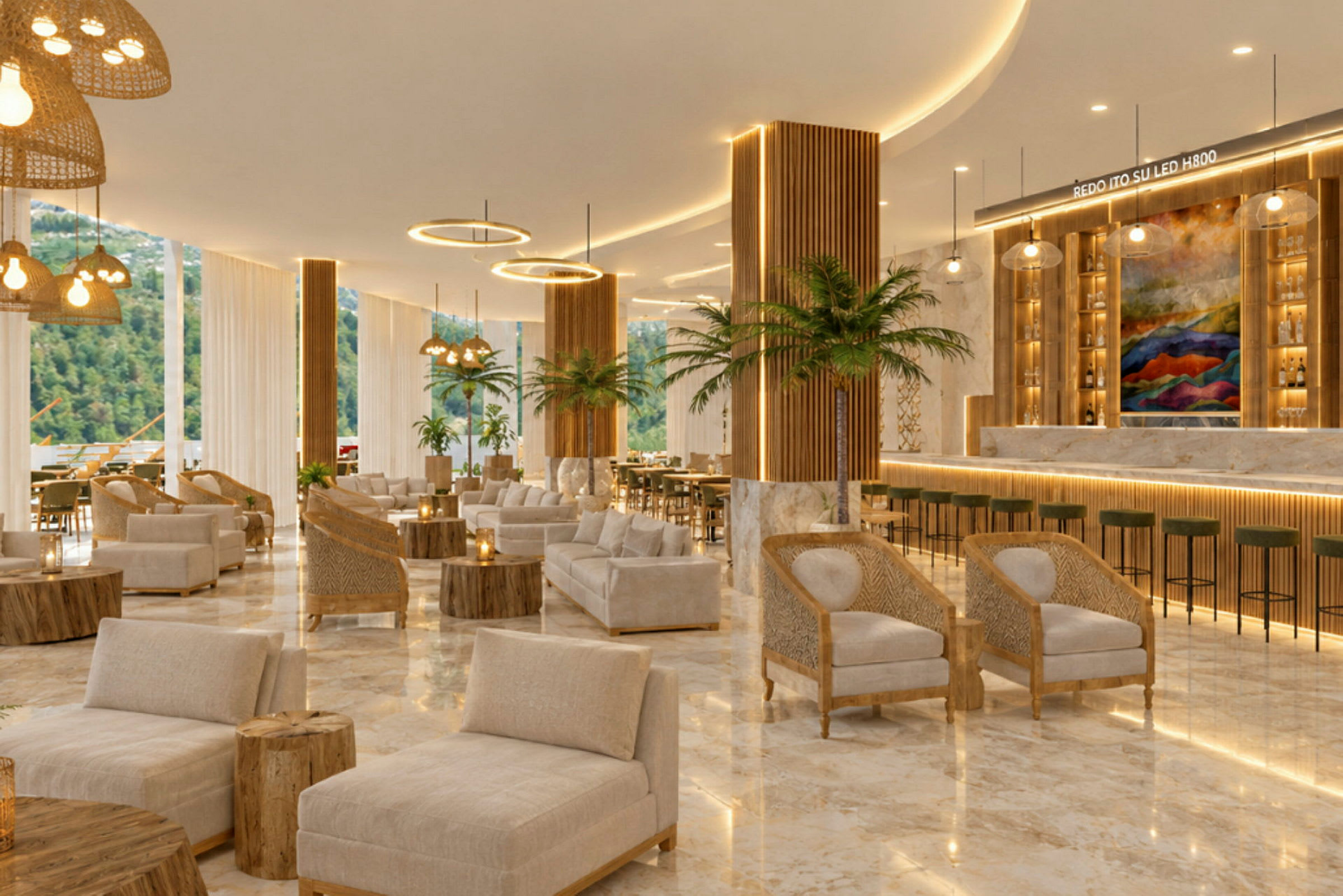En elegant hotellobby med ljusa färger, bekväma sittgrupper och dekorativa palmväxter. (AI-genererad text)
