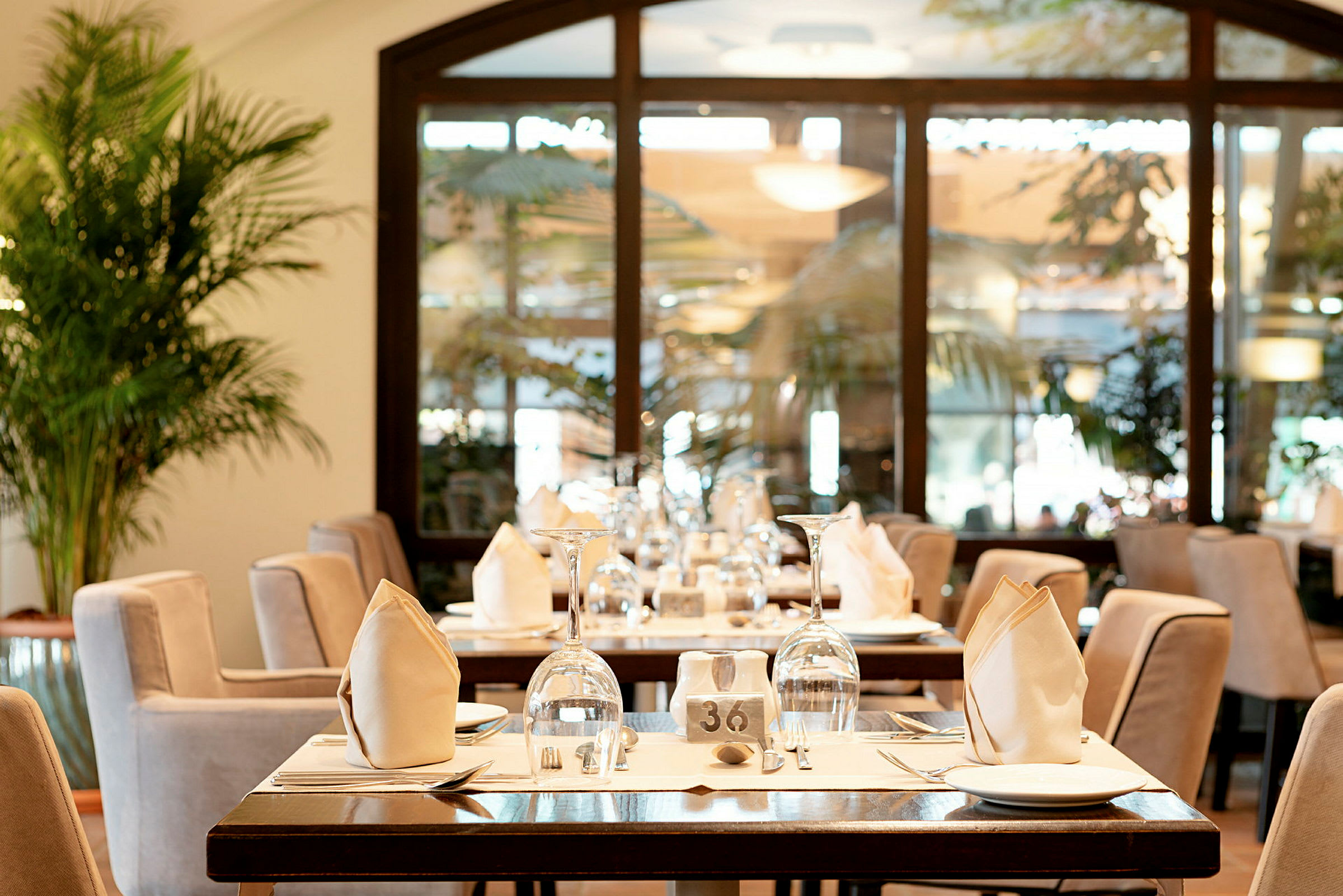 Ett restaurangbord med elegant dukning som inkluderar glas, tallrikar och vikta servetter. (AI-genererad text)