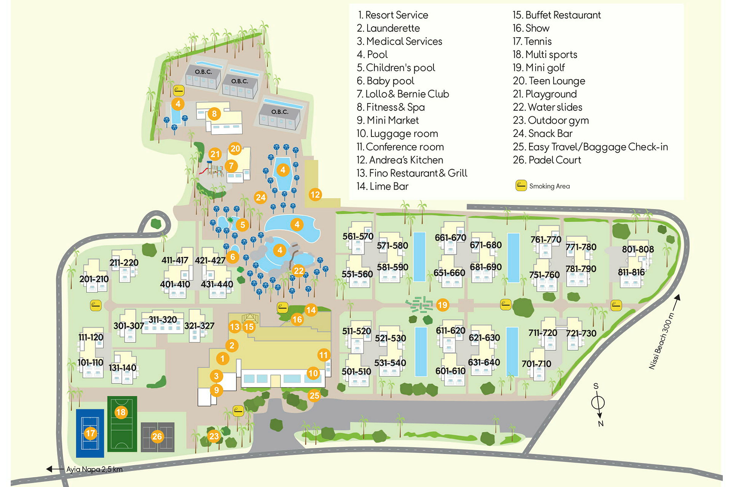 Illustration av en resortkarta som visar olika faciliteter och byggnader, med nummer och etiketter för att identifiera dem. (AI-genererad text)