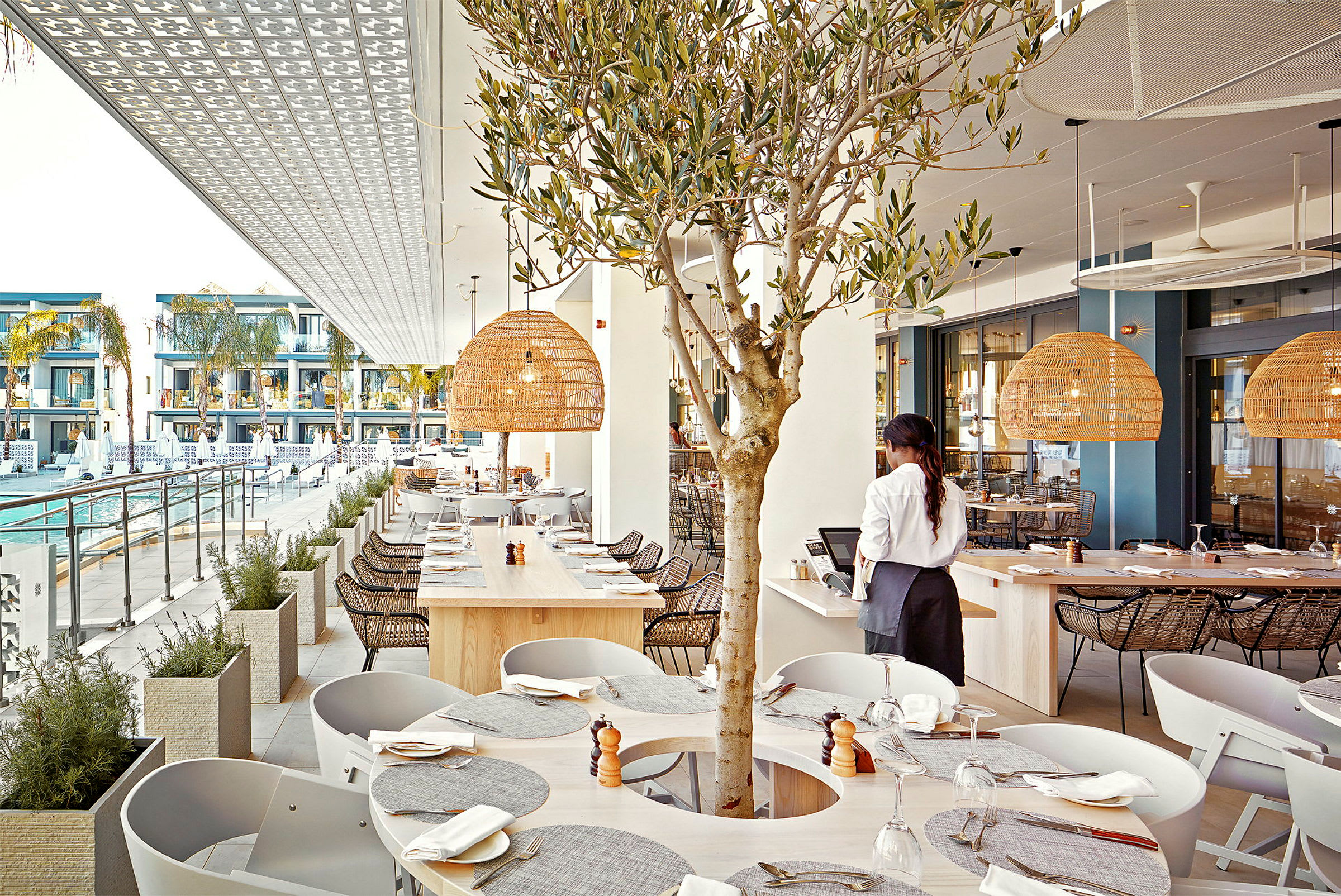 En restaurang med utsikt över en pool och moderna lägenheter, inkluderar en olivträd dekoration och rottinglampor. (AI-genererad text)
