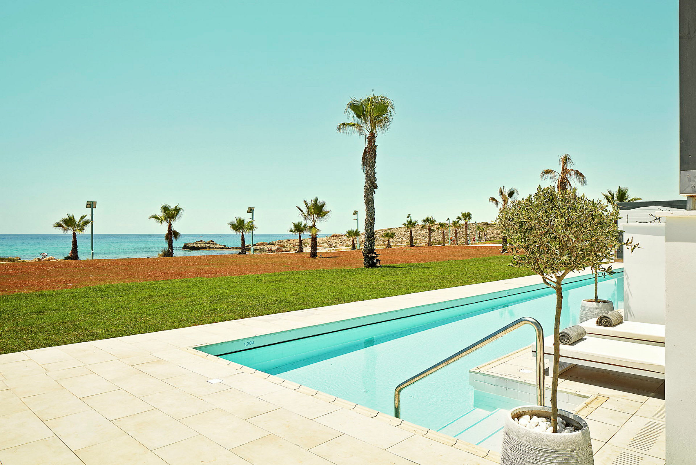 Bild av en lång pool med utsikt över havet och palmer i bakgrunden. (AI-genererad text)
