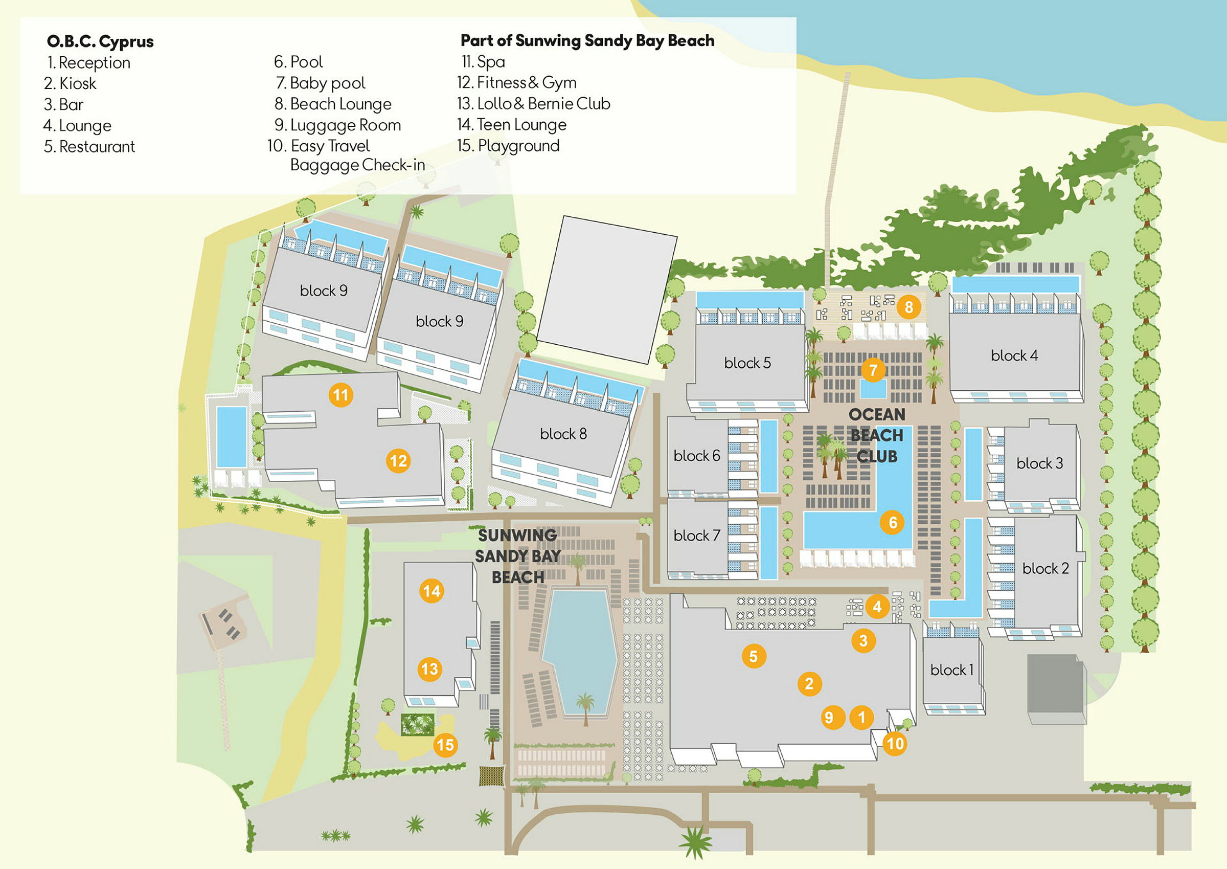 Illustrerad karta över O.B.C. Cyprus med byggnader, pool och faciliteter markerade. (AI-genererad text)