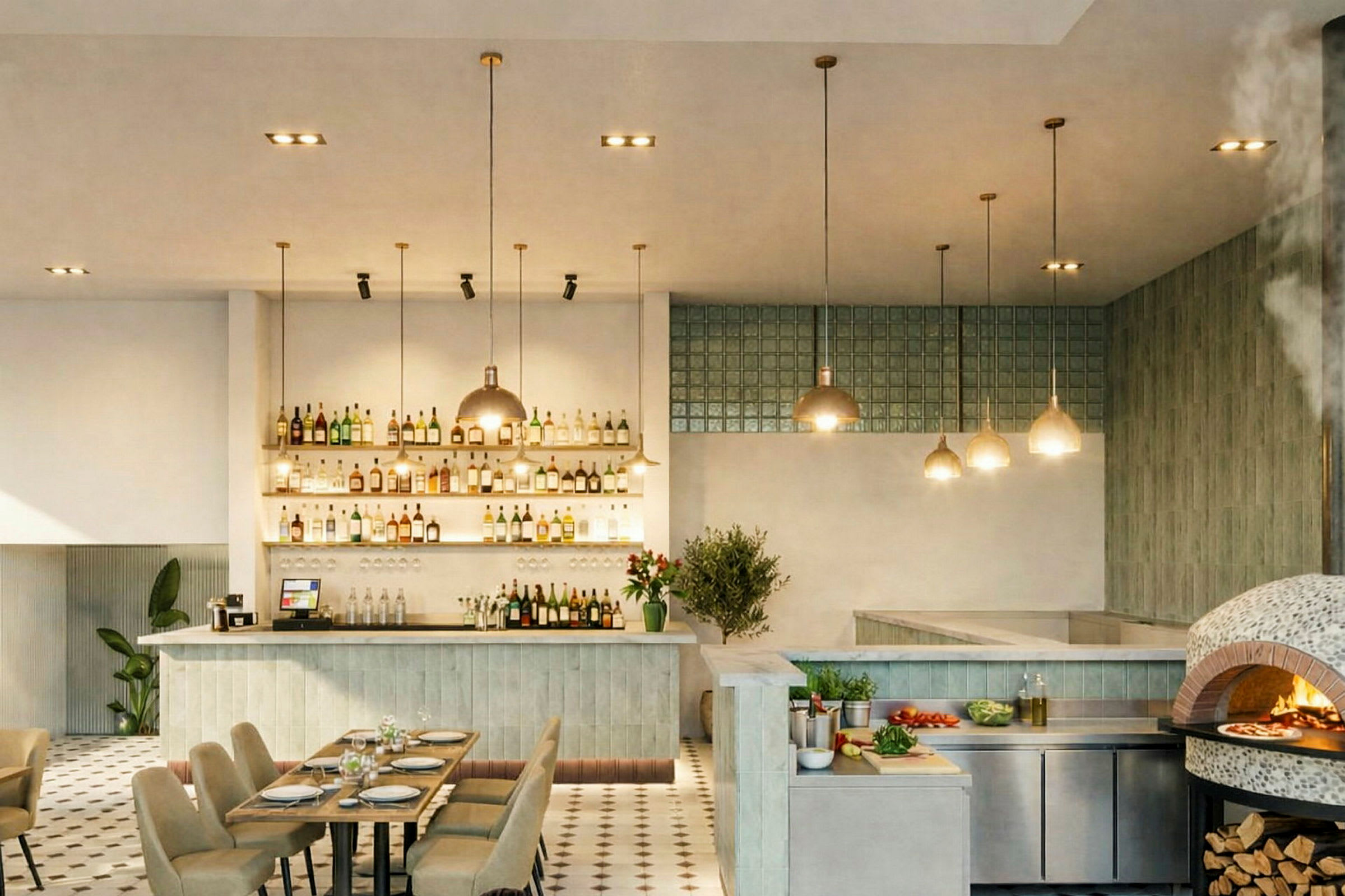 Ett modernt restaurangutrymme med bar, borddukning och öppen pizzaugn. (AI-genererad text)