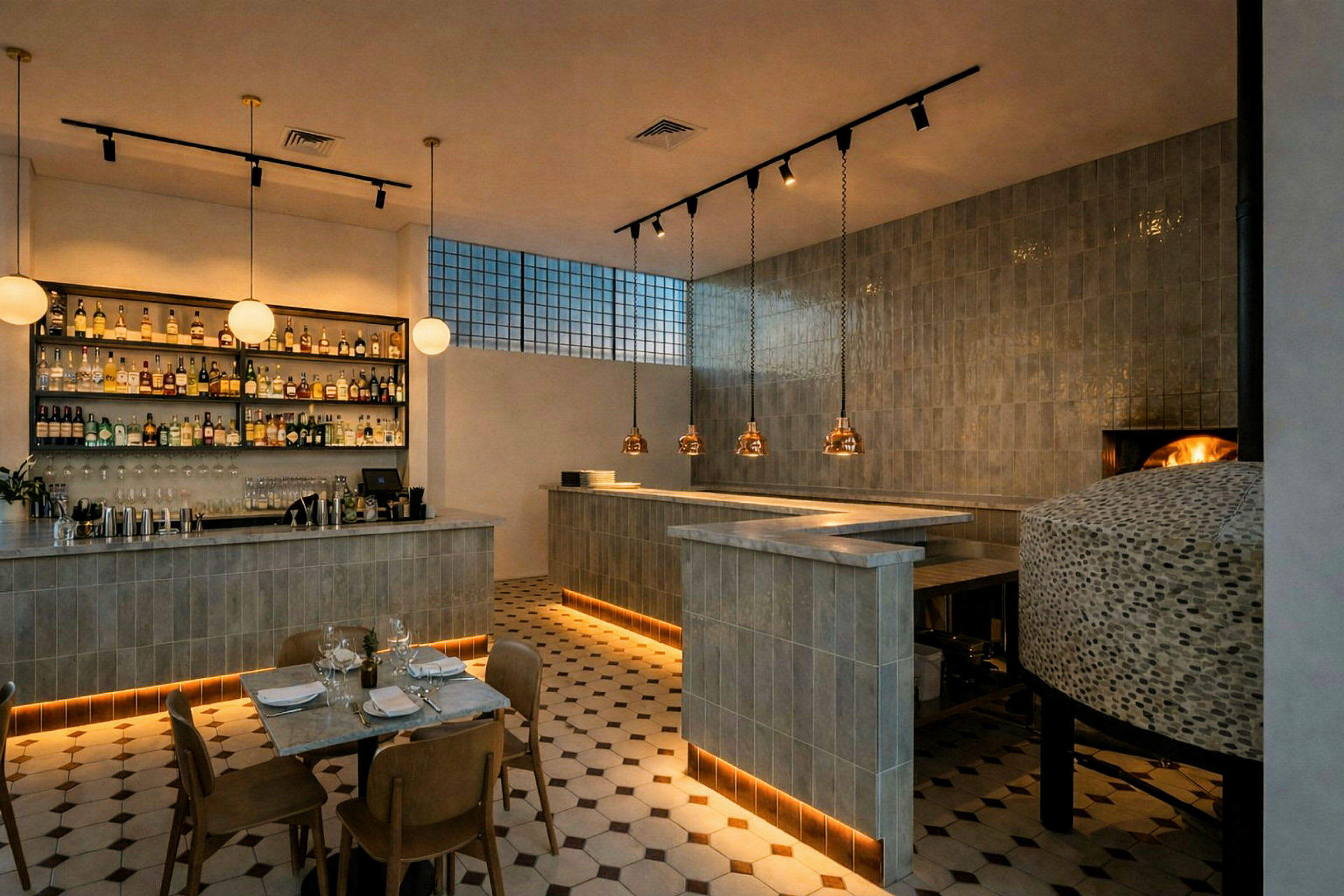 Ett modernt restaurangkök med bar, pizzaugn och sittplats. (AI-genererad text)