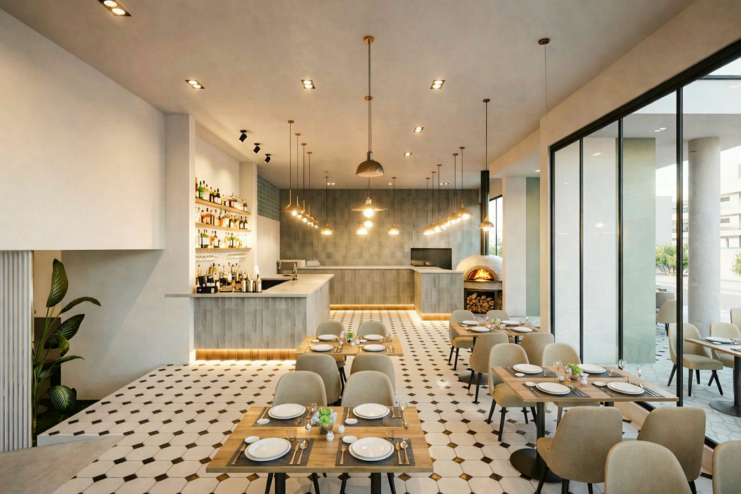 En modern restaurang interiör med träbord och bekväma stolar, en bardisk, och ett vedeldat pizzaskåp. (AI-genererad text)