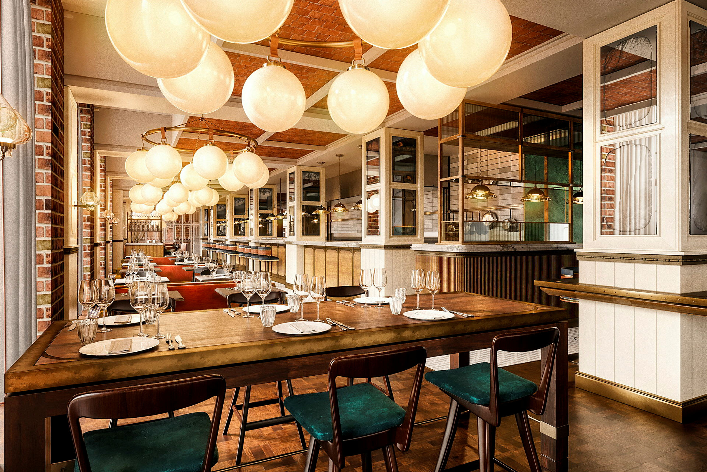 Interiör av en elegant restaurang med dukade matbord och glasslampor i taket. (AI-genererad text)