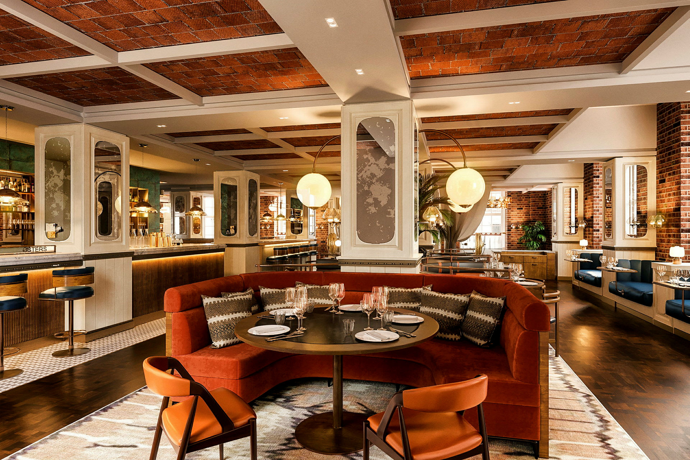En restaurang med elegant inredning, inklusive röda soffor, bord med bordduk och stolar, samt en bardisk i bakgrunden. (AI-genererad text)
