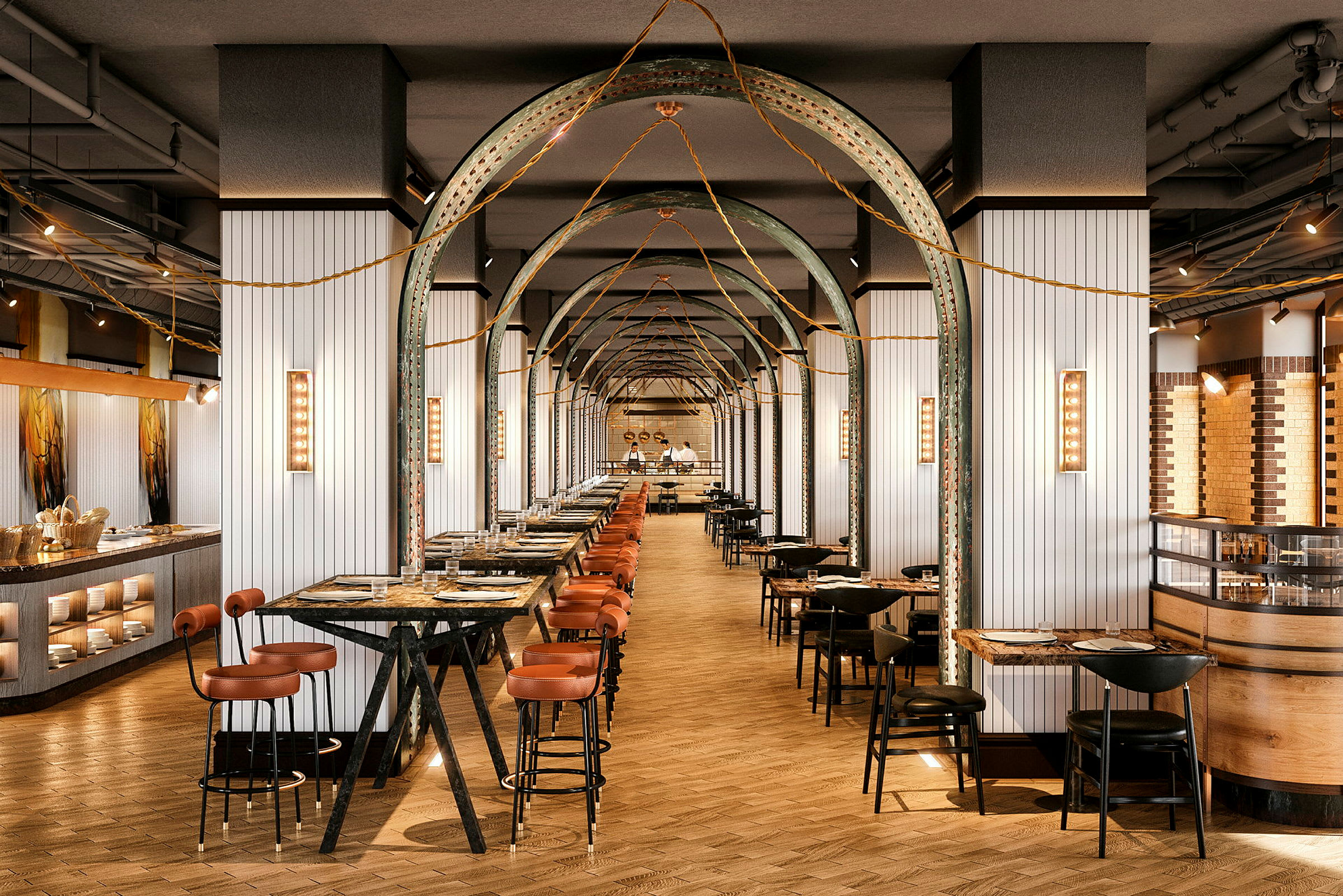 En restaurang med moderna inredningsdetaljer som bord och stolar placerade längs en gångväg. Takhöga valv och dekorativa element syns. (AI-genererad text)