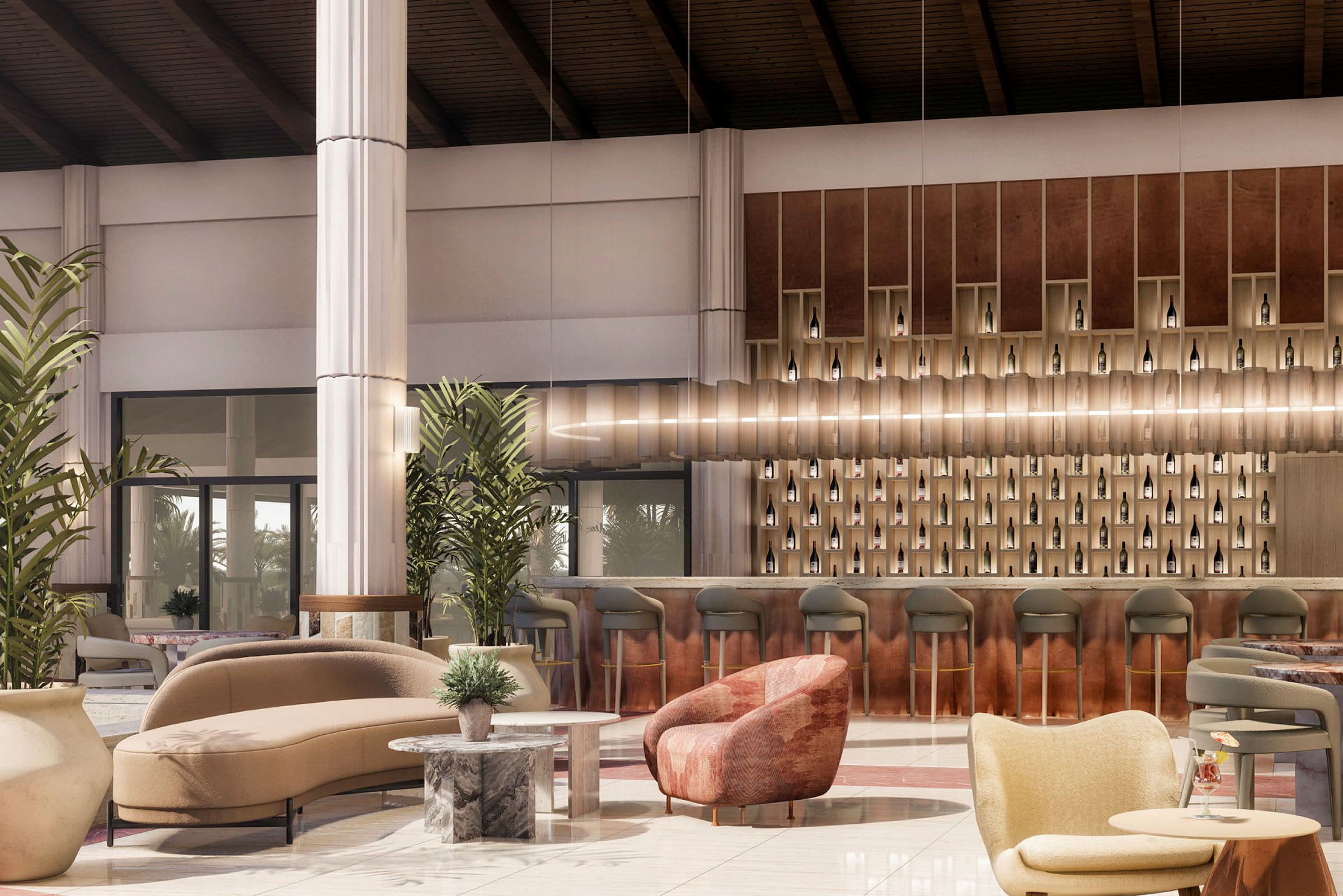 Ett elegant hotellfoajé med moderna möbler, växter och en stilfull bardisk med flaskor på väggen. (AI-genererad text)