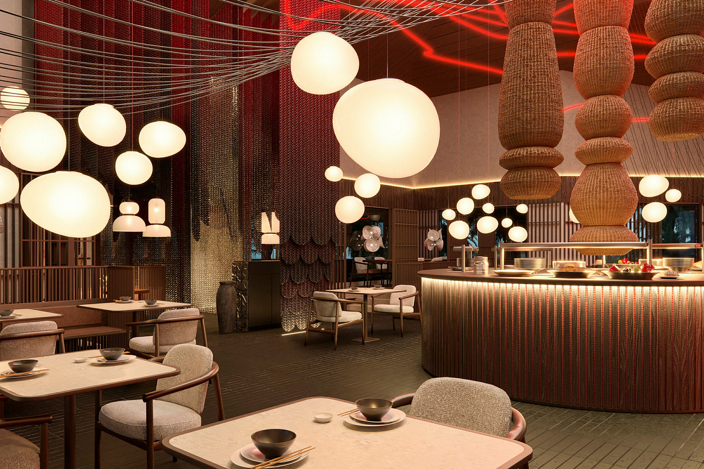 Bild av en elegant restauranginteriör med runda taklampor och stilfulla möbler. (AI-genererad text)