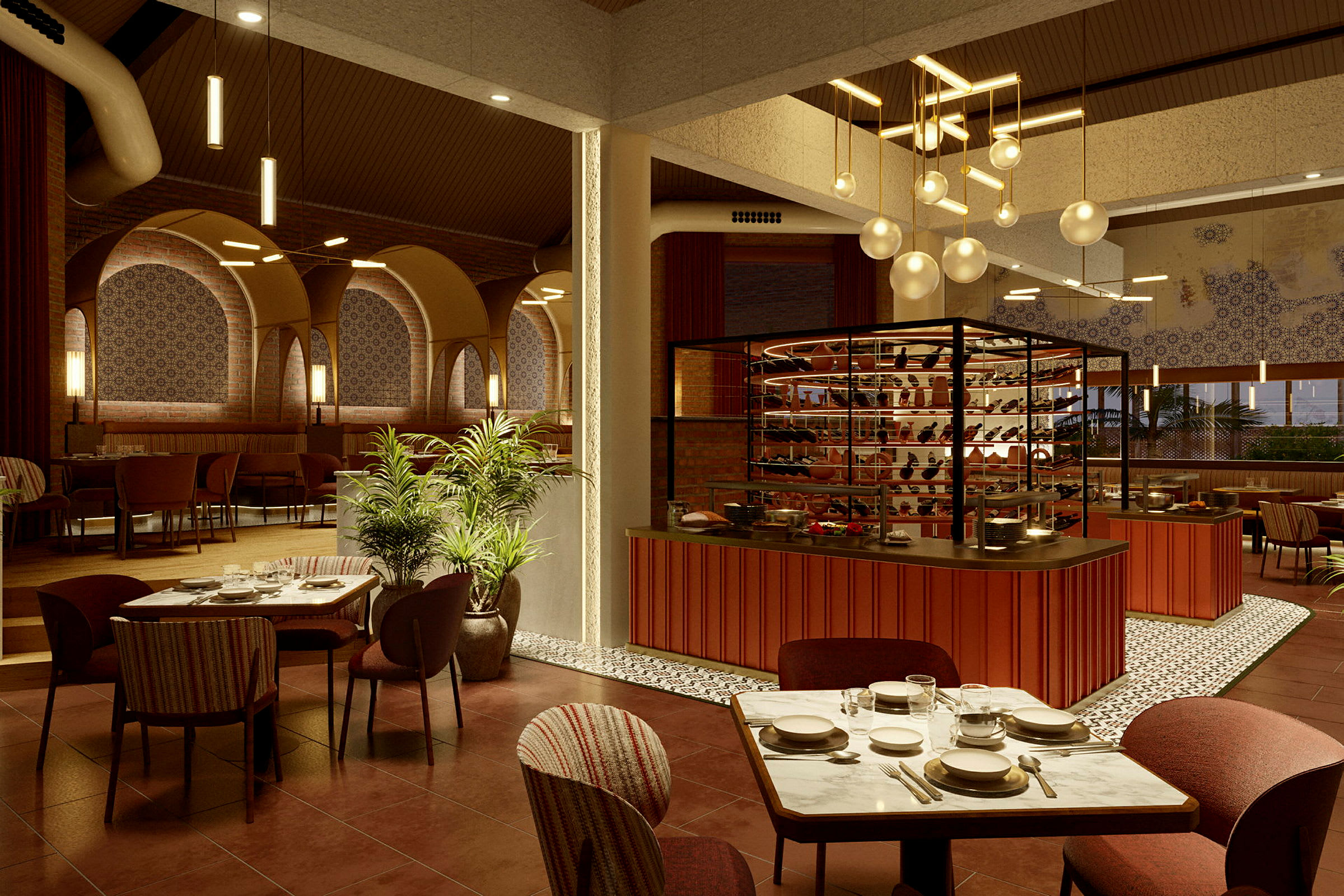En stilfull restaurang med moderna möbler och dekorationer. (AI-genererad text)
