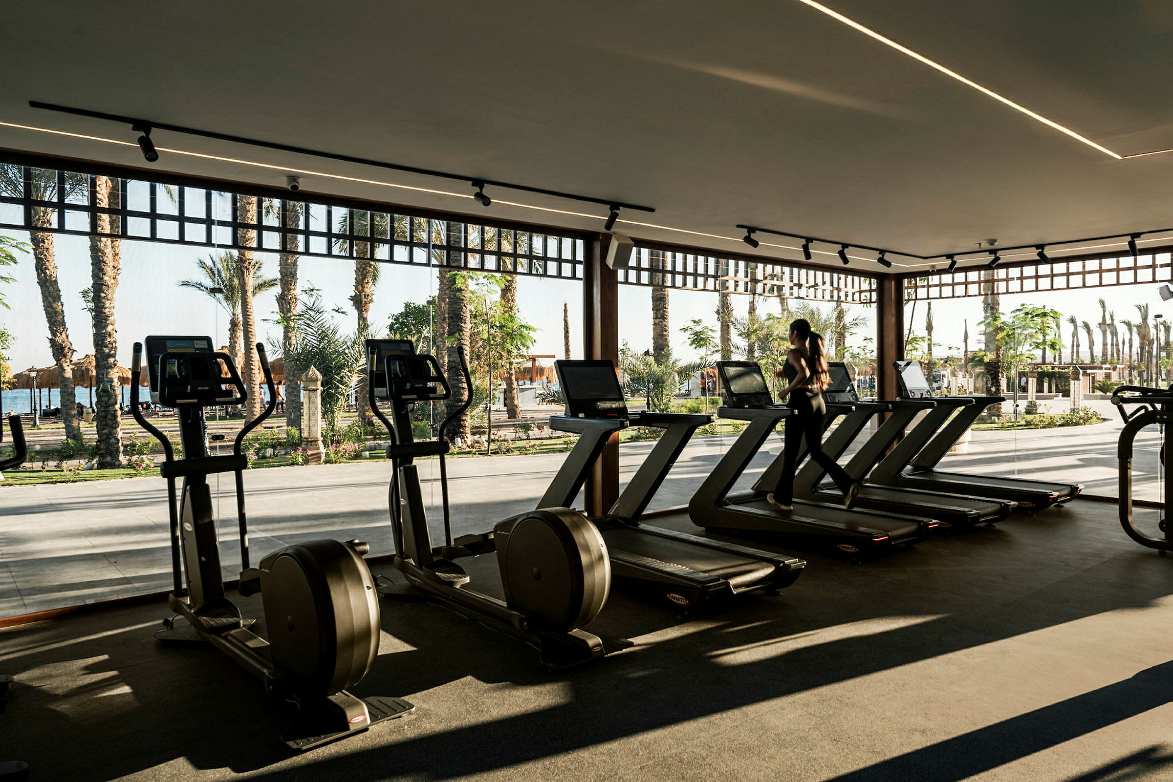 Ett gym med träningsmaskiner och en person träna på löpband. Utanför syns palmer och en solig miljö. (AI-genererad text)