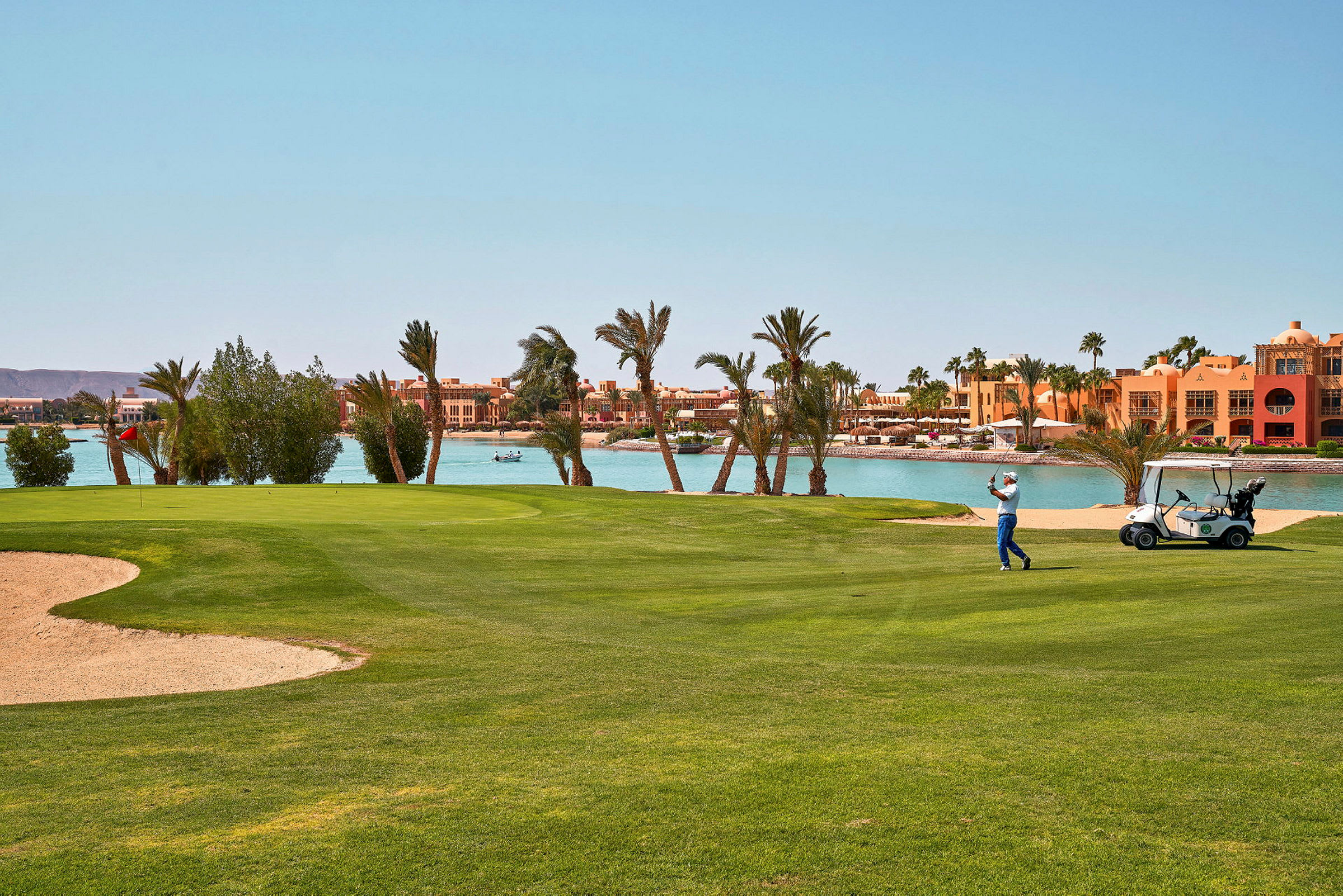 En golfare spelar på en grön golfbana med palmer och vatten i bakgrunden samt byggnader. (AI-genererad text)