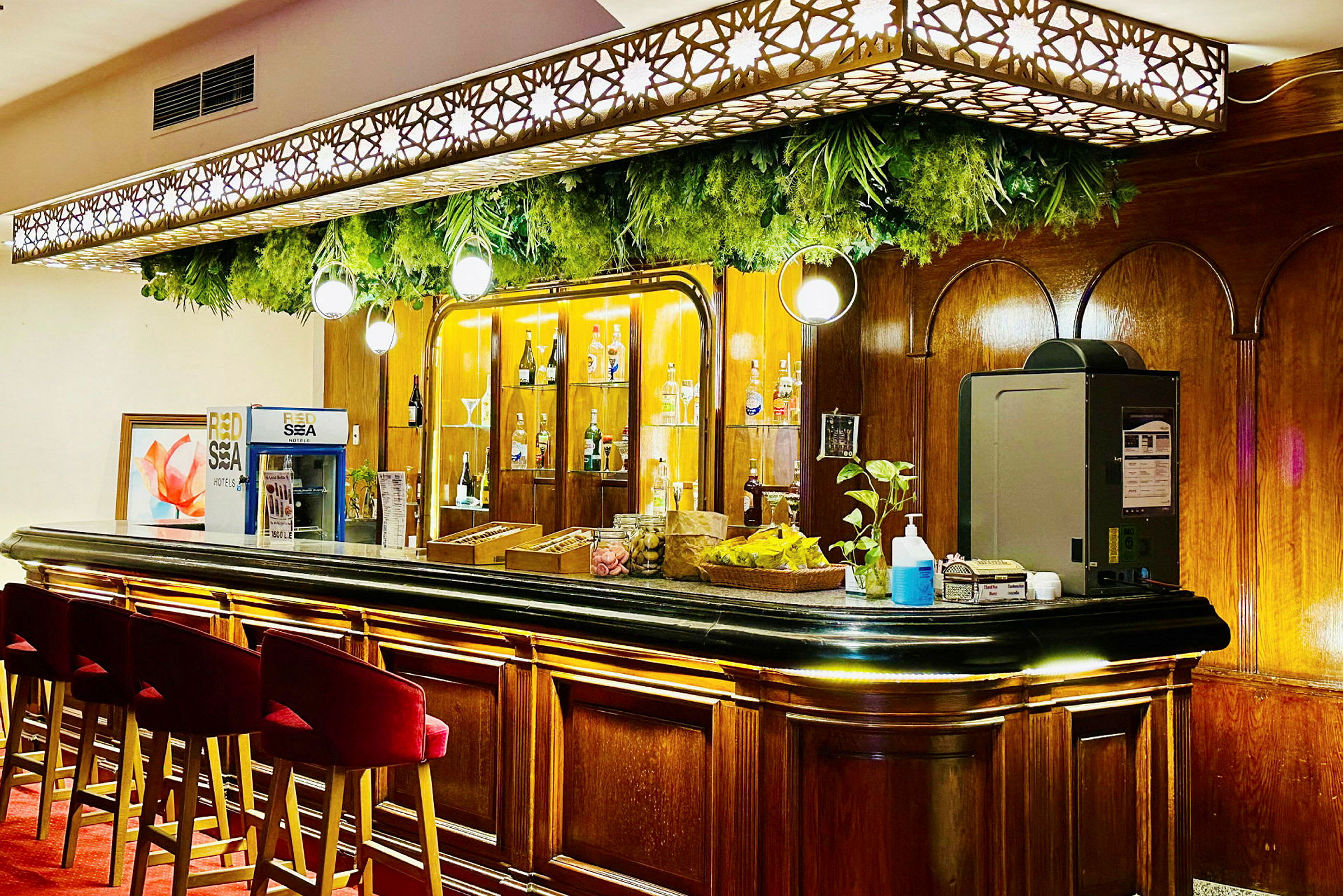 En elegant bar med röda barstolar, en trädisk och flaskor på mot en bakgrund med belysning. Växter och dekorativer hänger ovanför. (AI-genererad text)