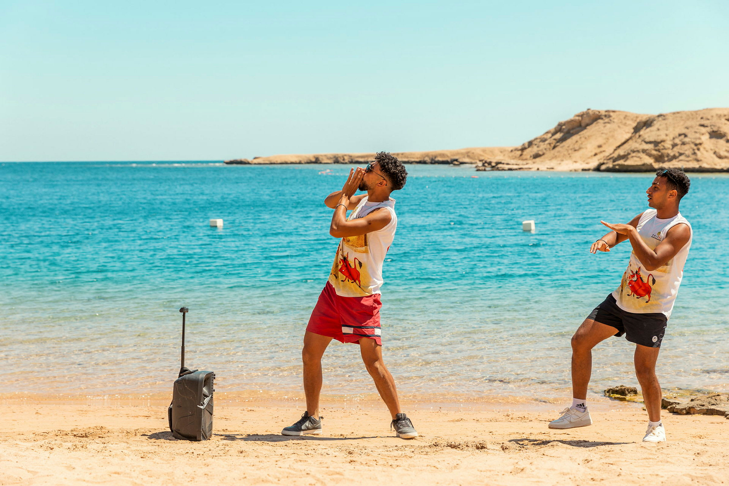 Två personer står på en sandstrand med havet och klippformationer i bakgrunden. (AI-genererad text)