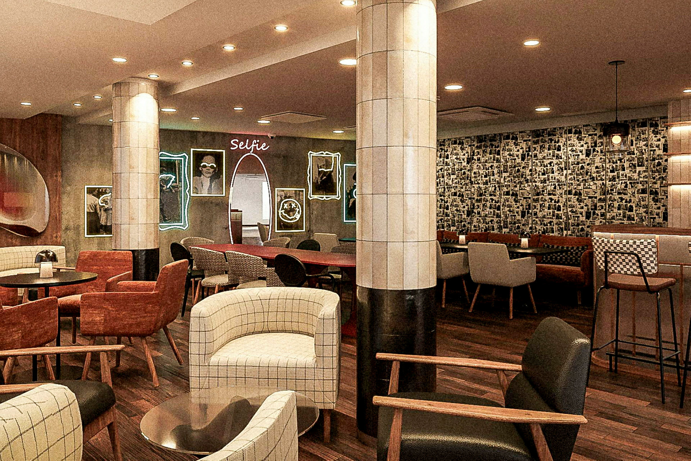 En modern lounge med stolar, bord och dekorerade väggar. (AI-genererad text)