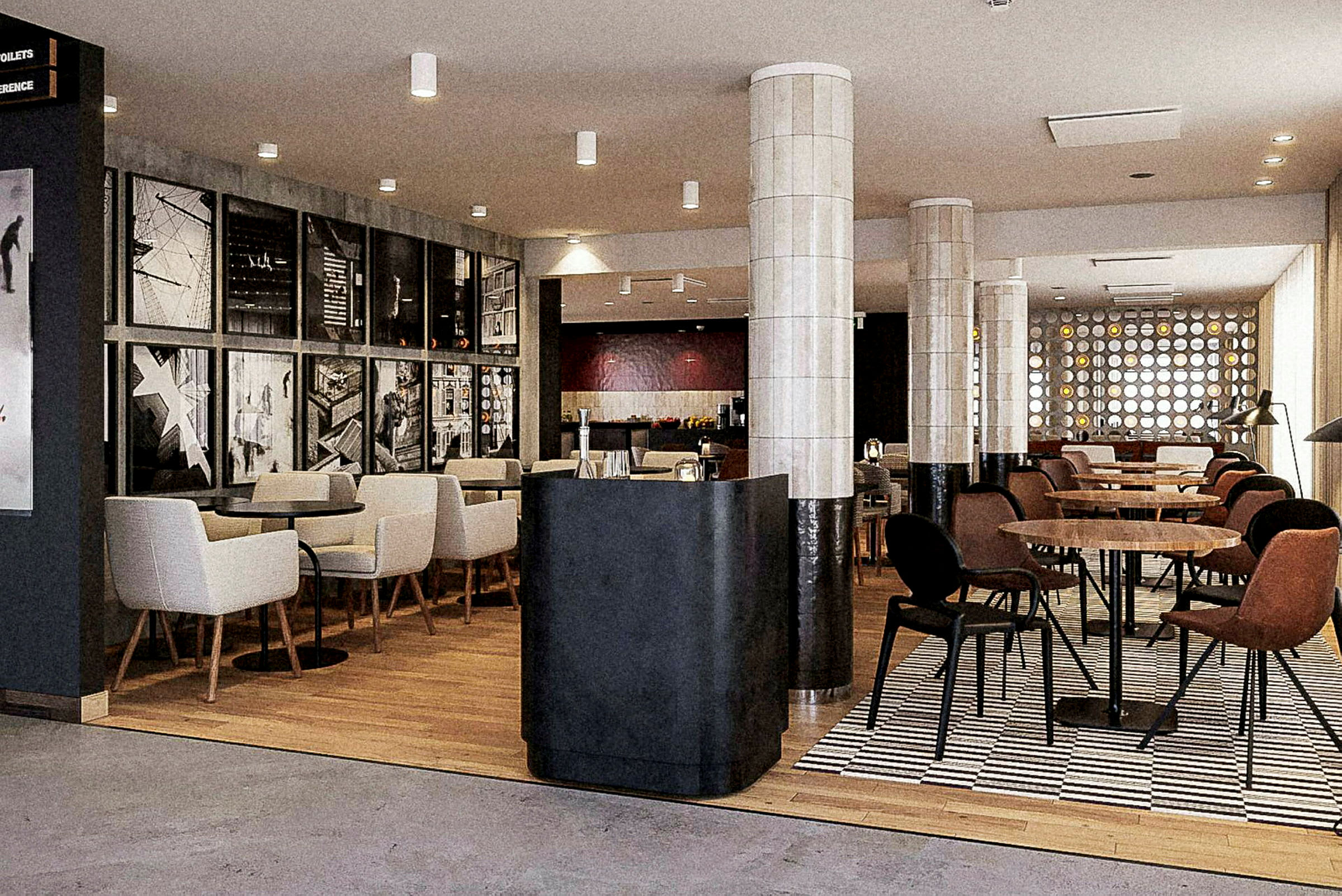 En restaurang med bord och stolar samt en vägg dekorerad med fotografier. (AI-genererad text)