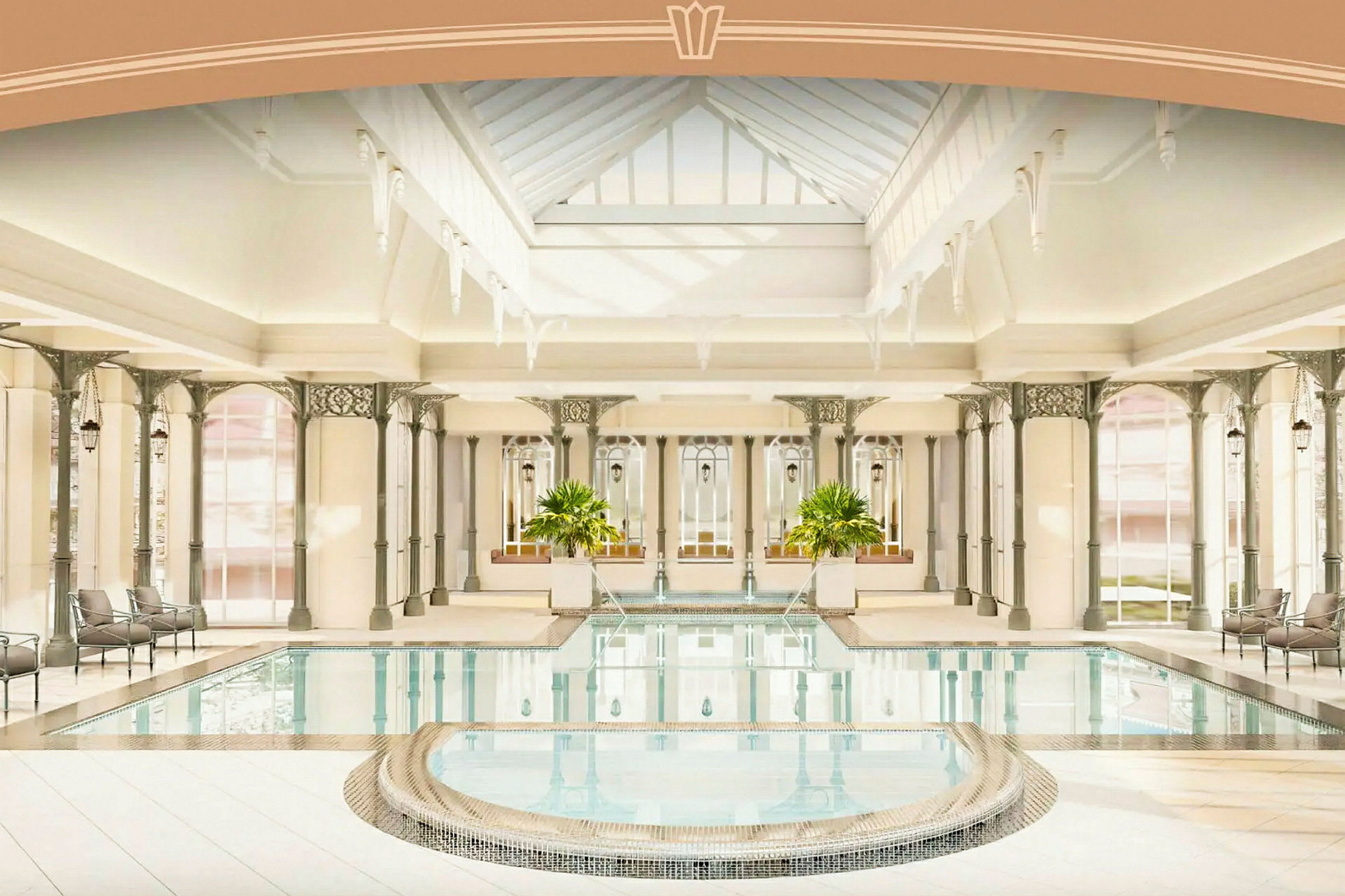 Bild av en elegant inomhuspool med pelare och stora fönster. (AI-genererad text)