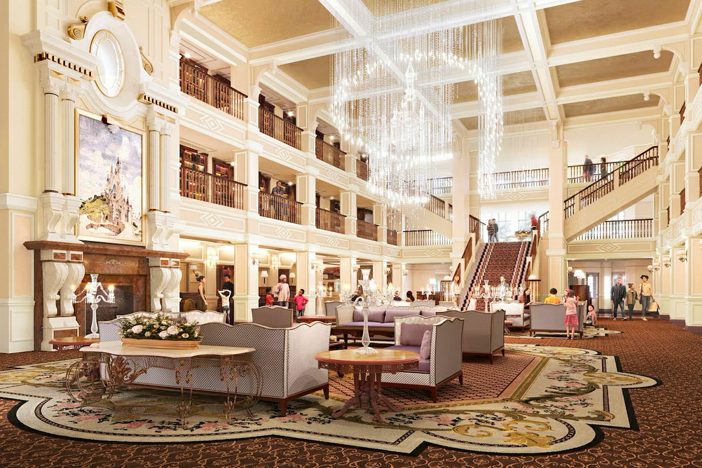 Interiör av en elegant hotellobby med soffgrupper, trappor och ljuskrona. (AI-genererad text)