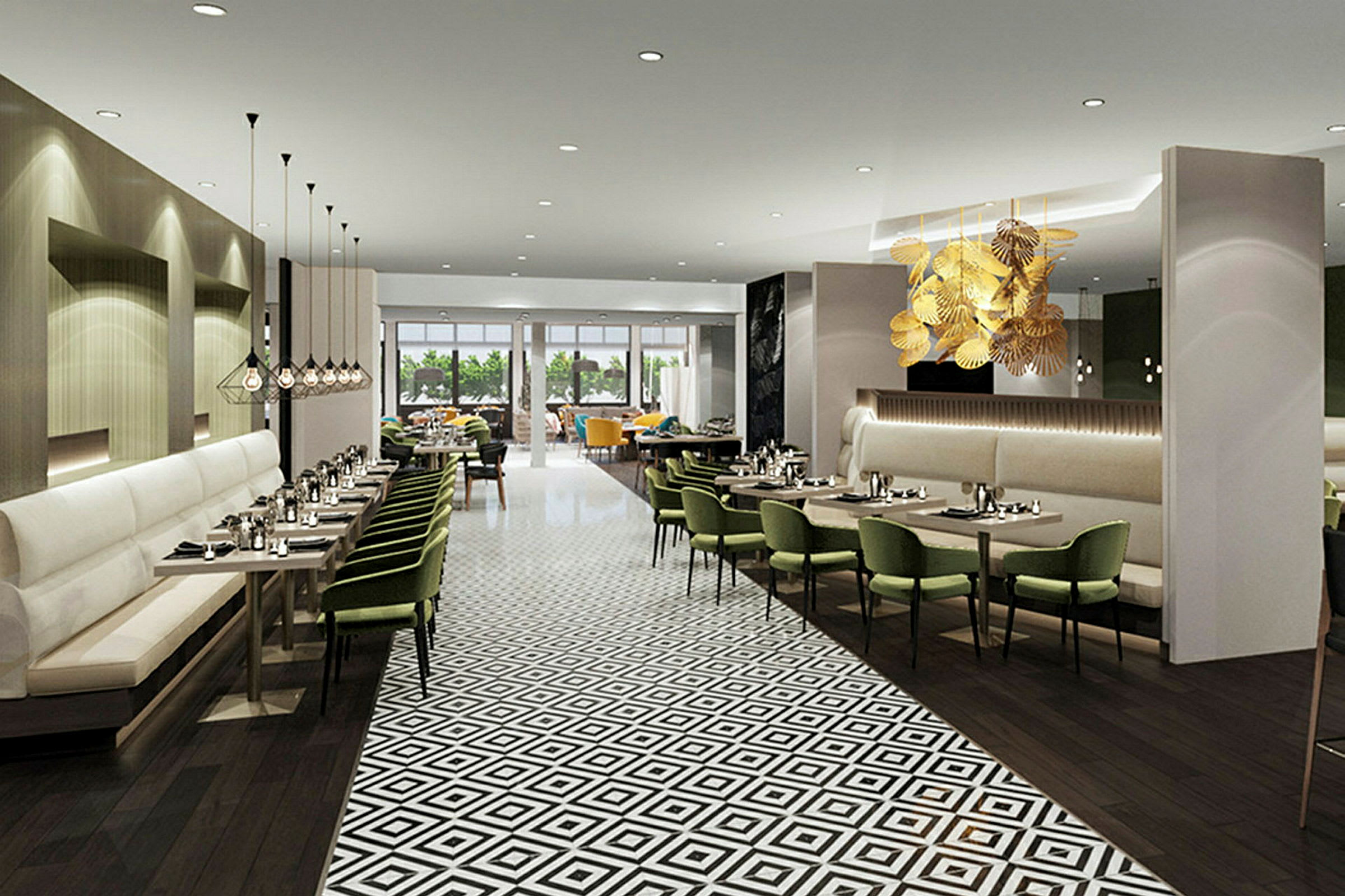 Bild av en modern restaurang med gröna stolar, geometriskt mönstrat golv och eleganta armaturer. (AI-genererad text)