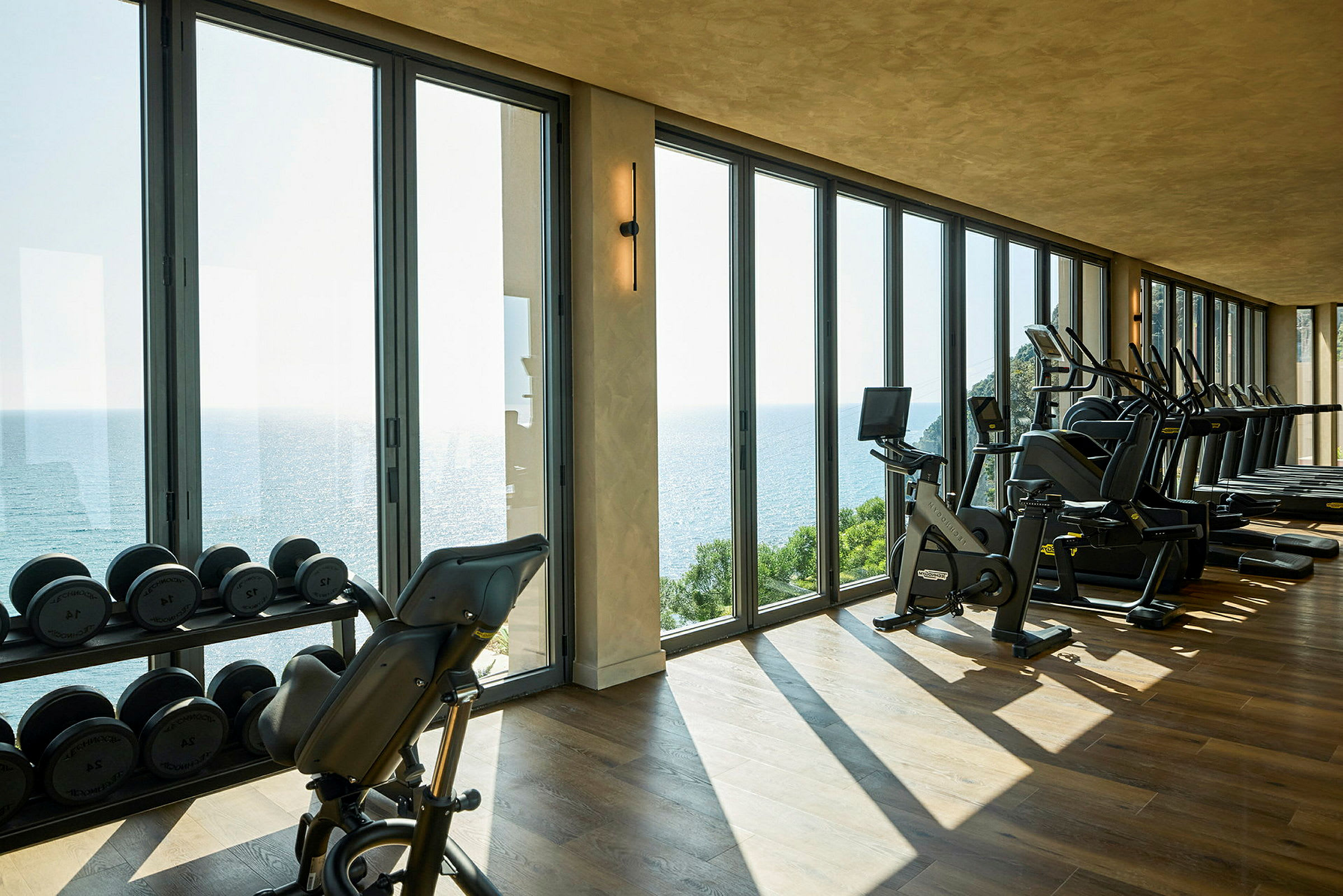 Ett gym med träningsmaskiner och vikter vid ett stort fönster som vetter mot havet. (AI-genererad text)