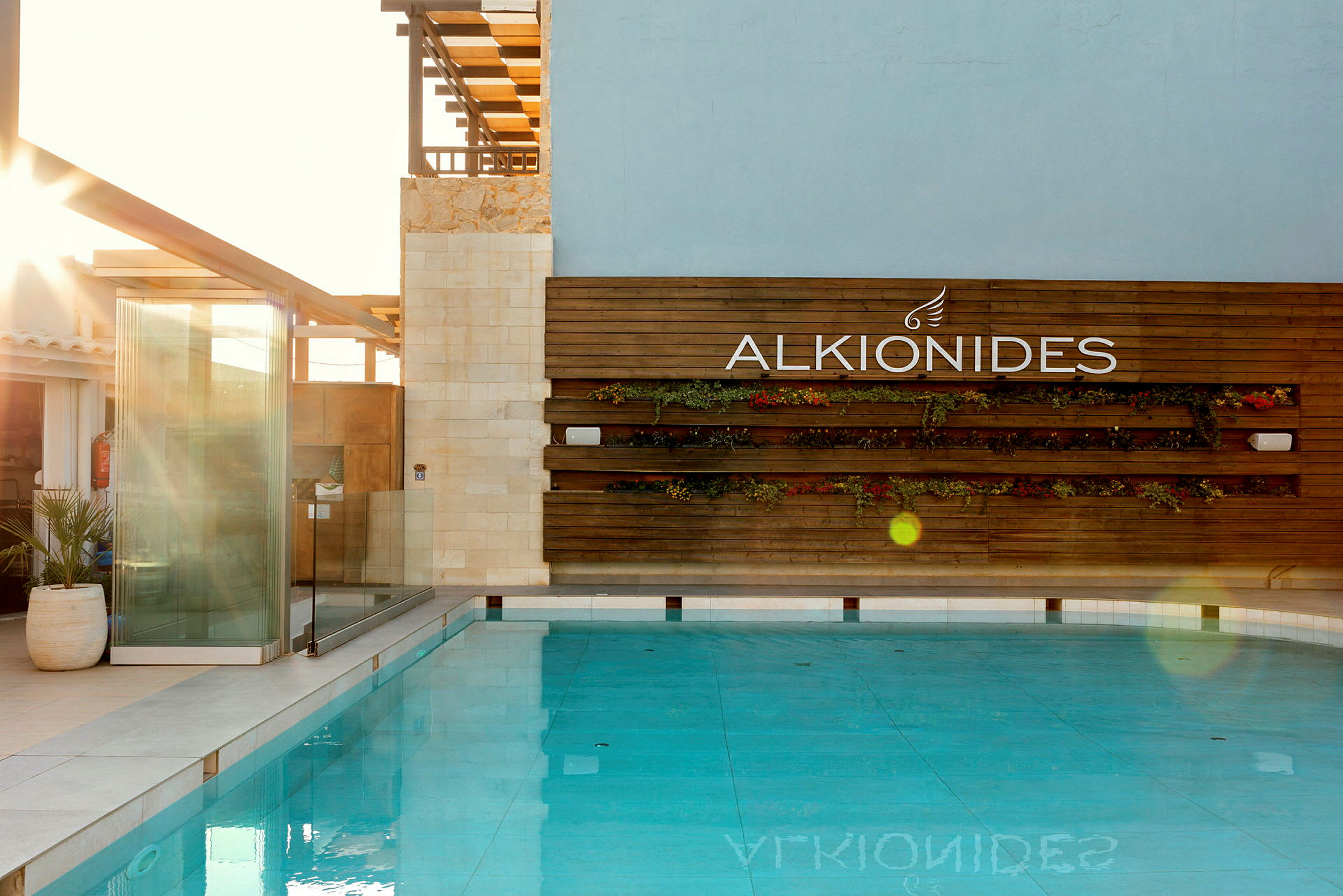 Bild på en pool med en trävägg i bakgrunden där det står "ALKIONIDES" samt dekorationer med växter. (AI-genererad text)