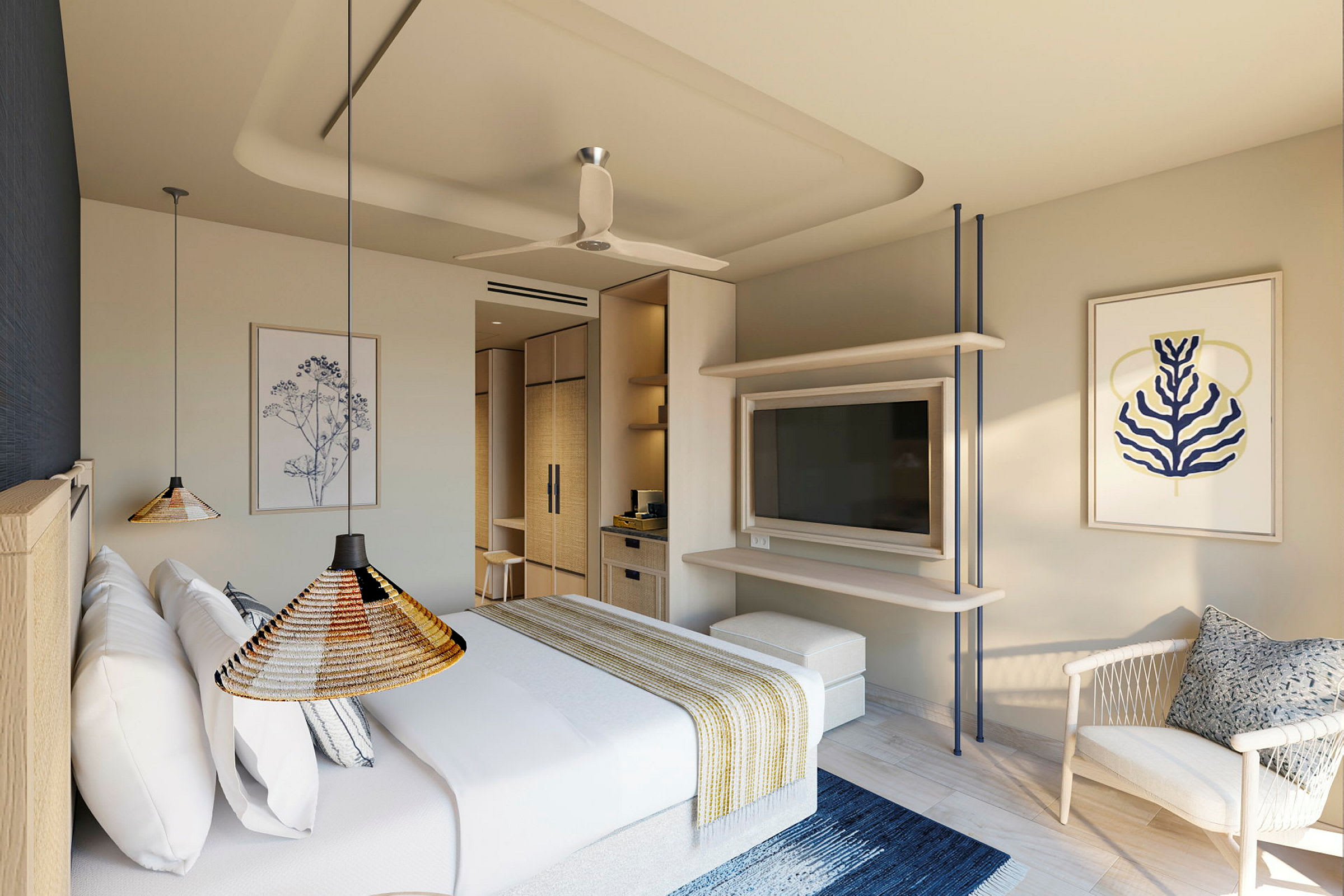Ett modernt hotellrum med en dubbelsäng, konstverk på väggarna och en TV. (AI-genererad text)