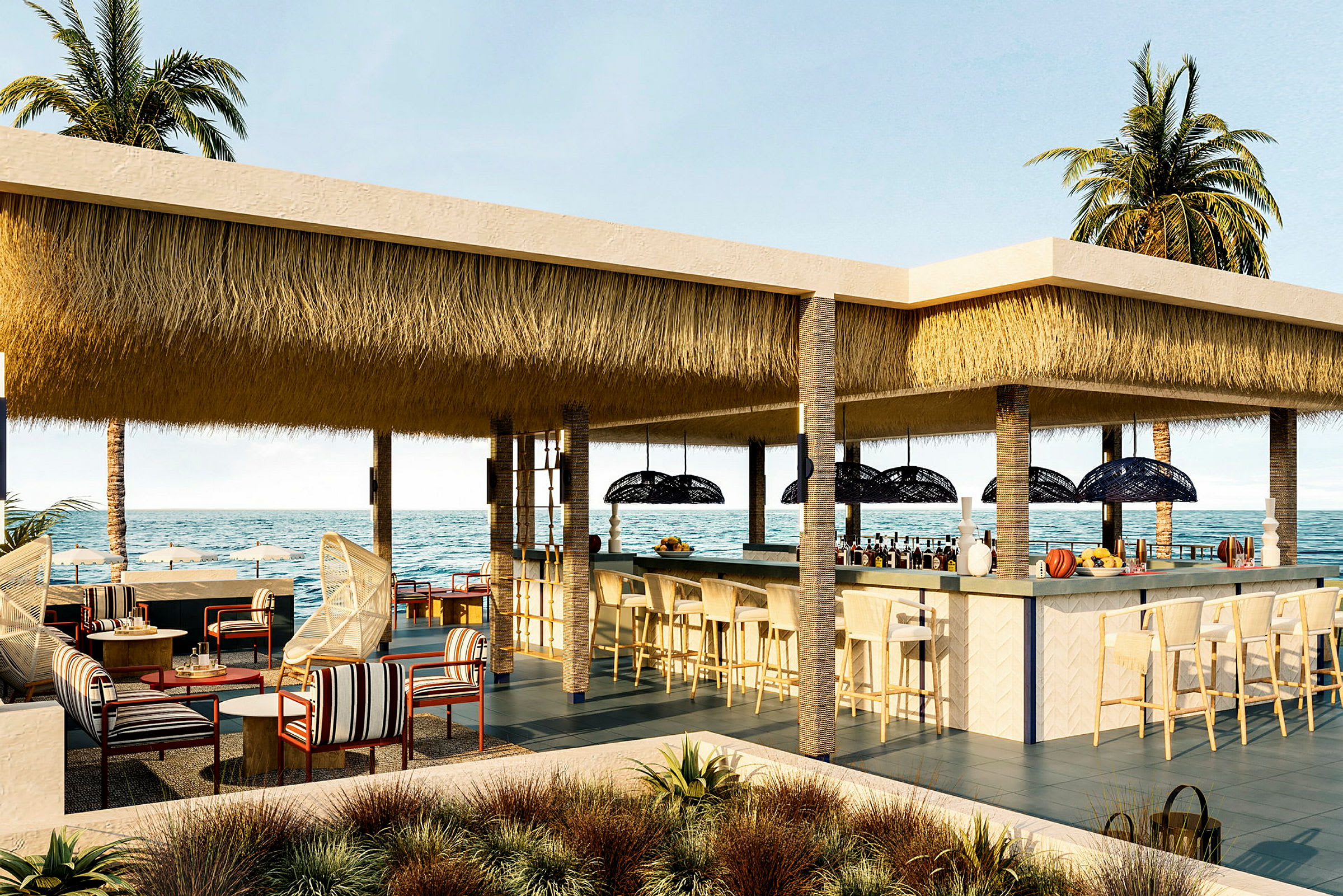 En strandbar med halmtak, utsikt över havet och möbler för sittplatser. (AI-genererad text)