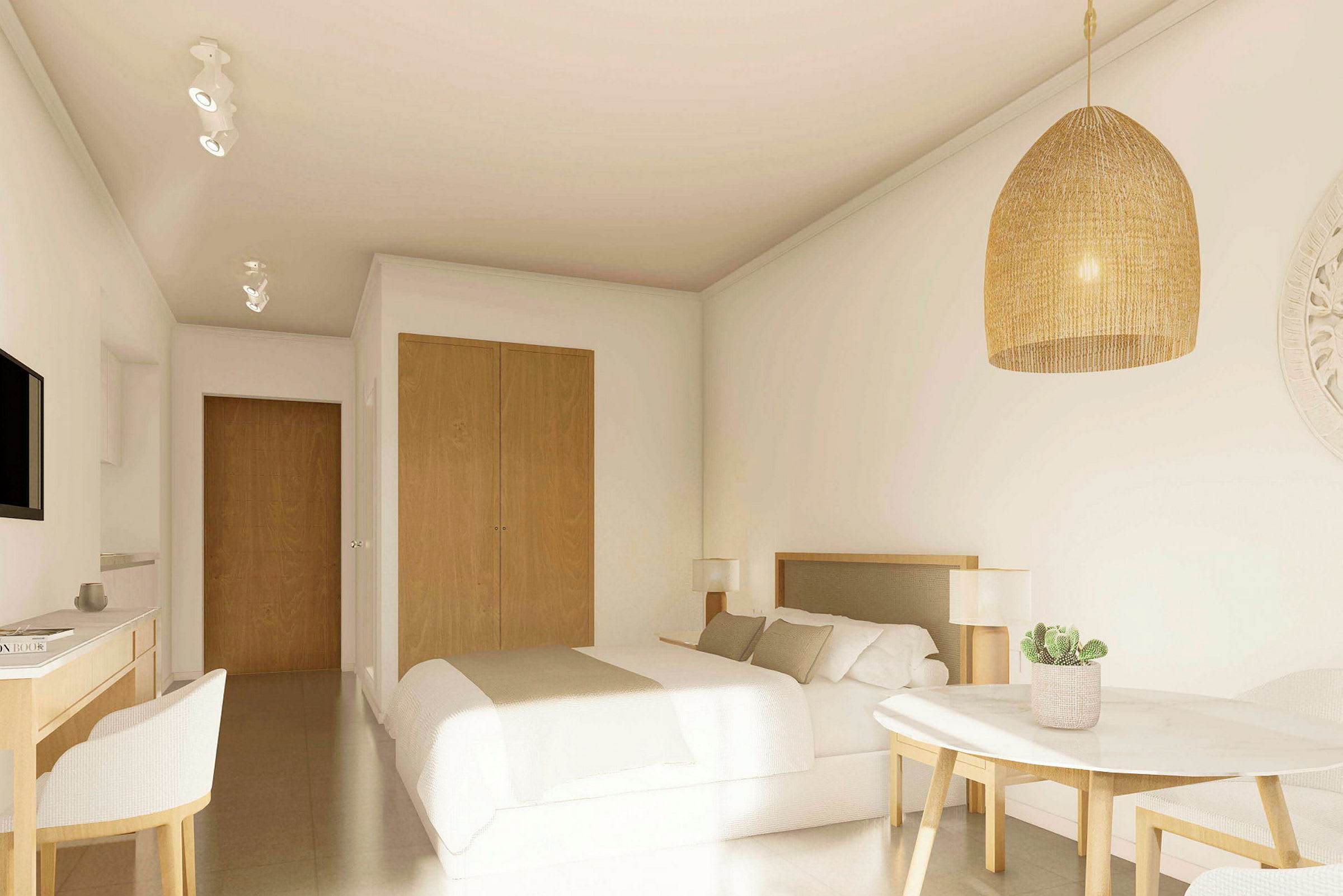 Ljust hotellrum med säng, bord, stol och garderob. (AI-genererad text)