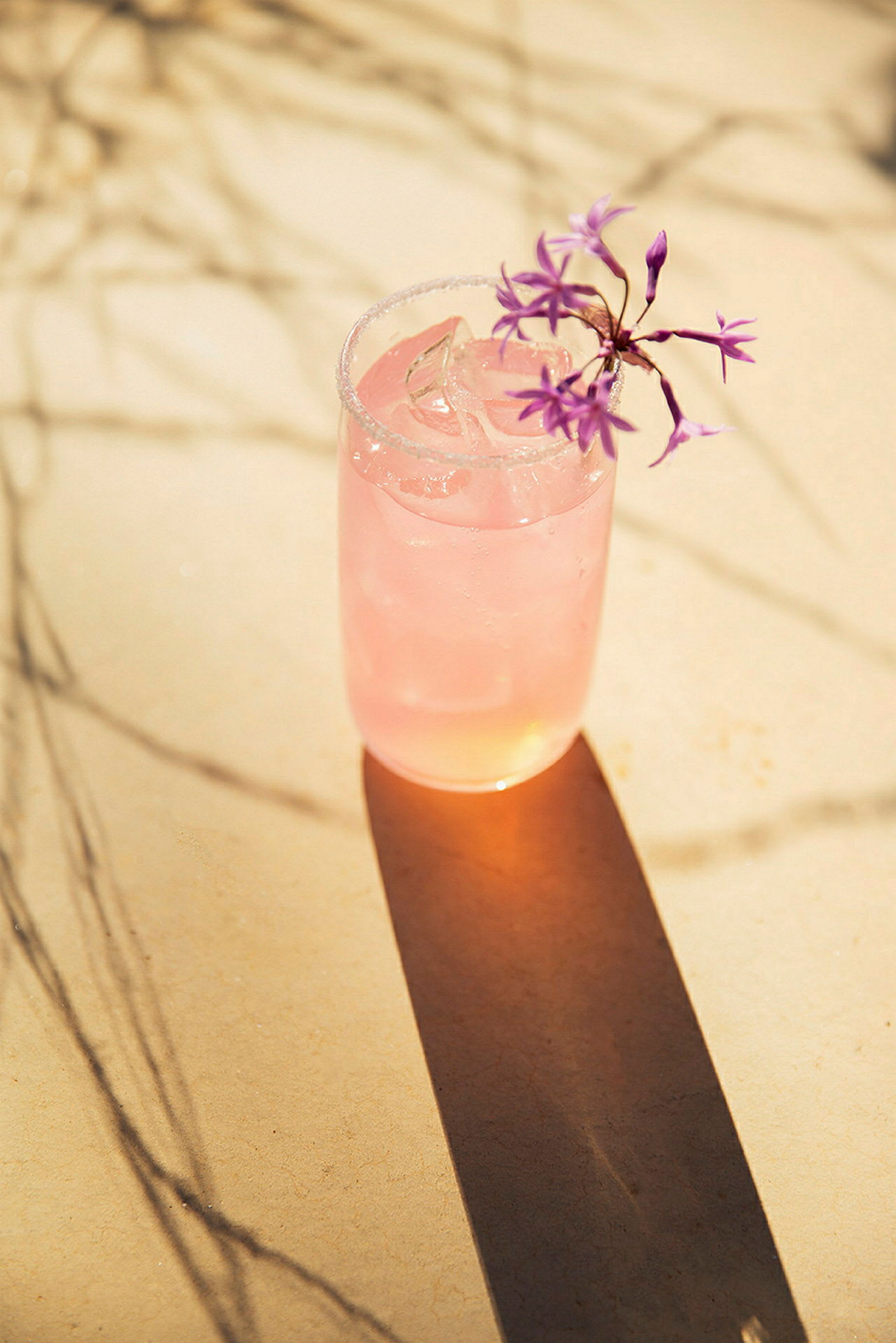 Ett glas rosa dryck med isbitar och en dekoration av en lila blomma på en ljus yta. (AI-genererad text)