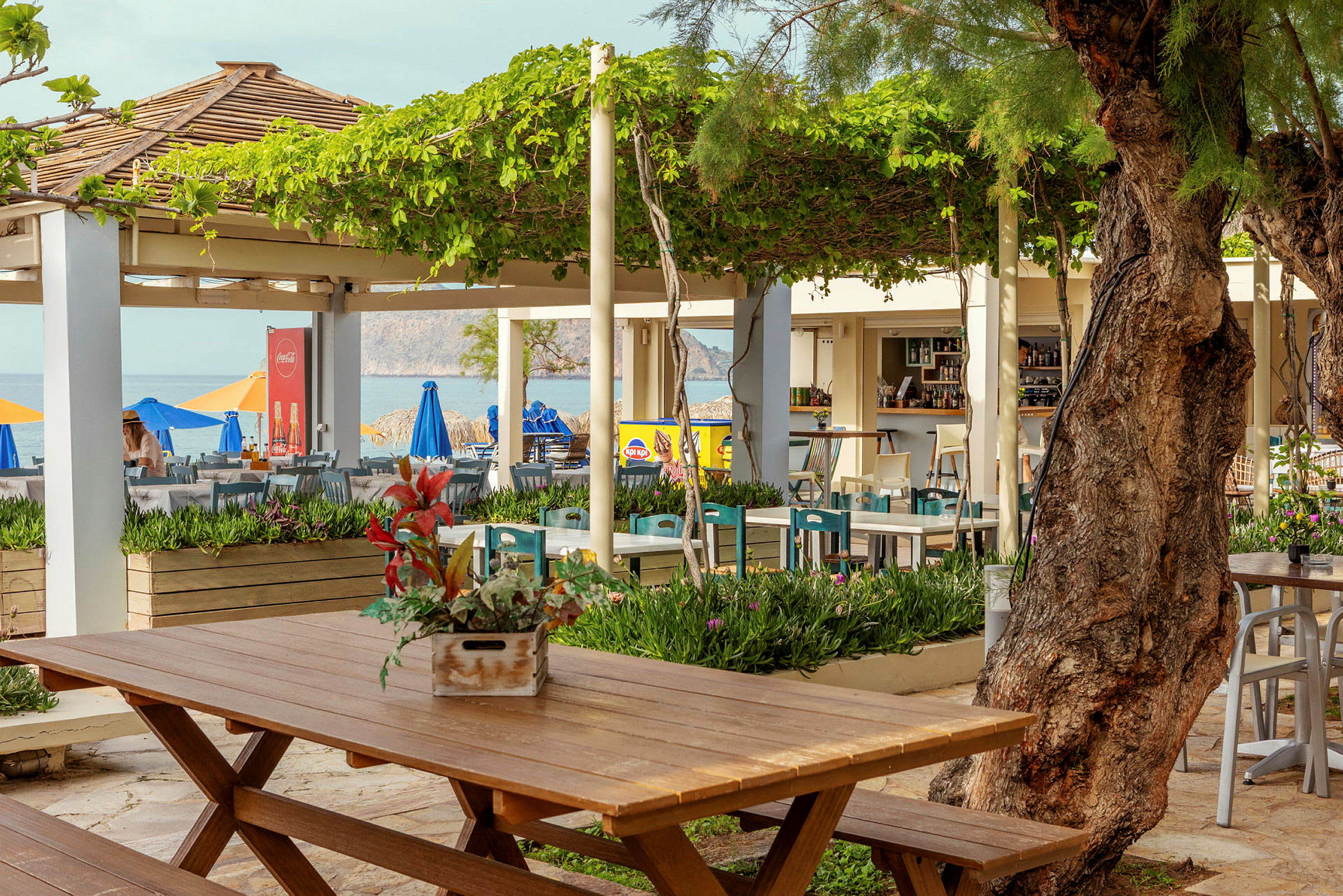 En utomhusrestaurang med bord och stolar under gröna pergolor nära havet. (AI-genererad text)